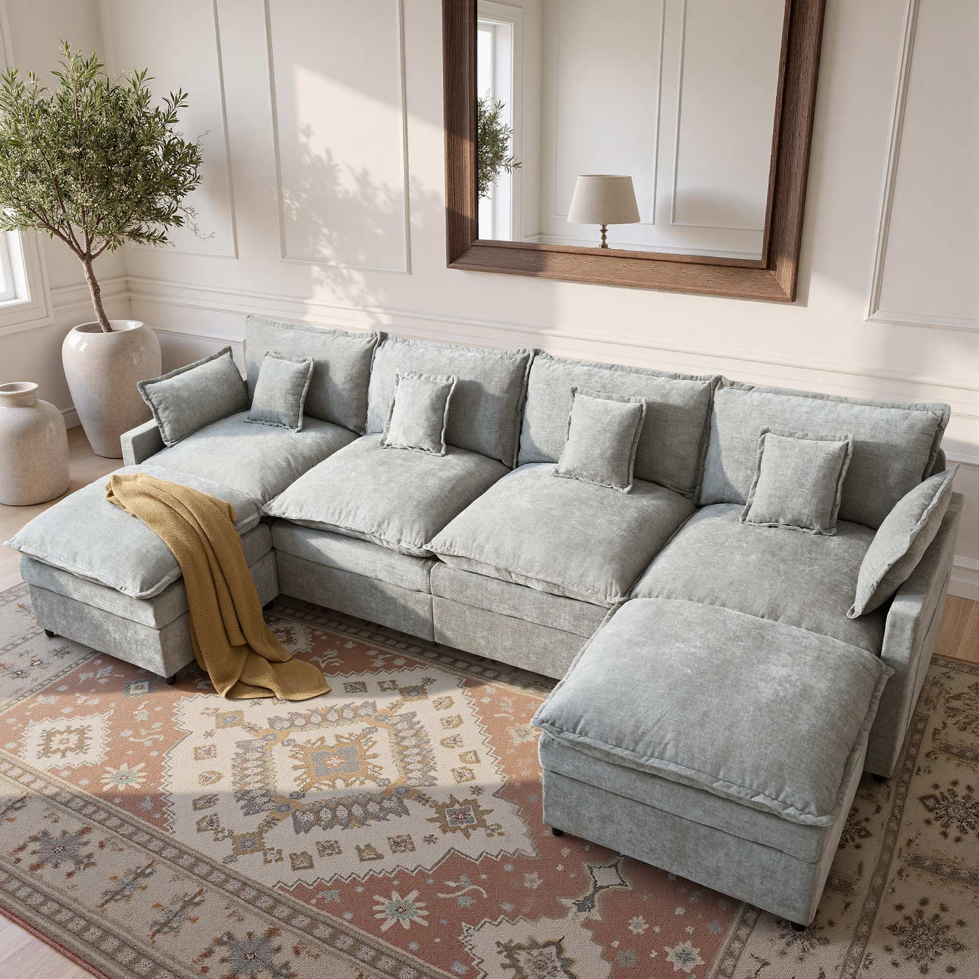OVIOS U-Shaped Modular Sectional Sofa, Cloud Couch with 2 Ottomans, Deep Seat Chenille Sofa for Living Room and Apartment, Free Combination