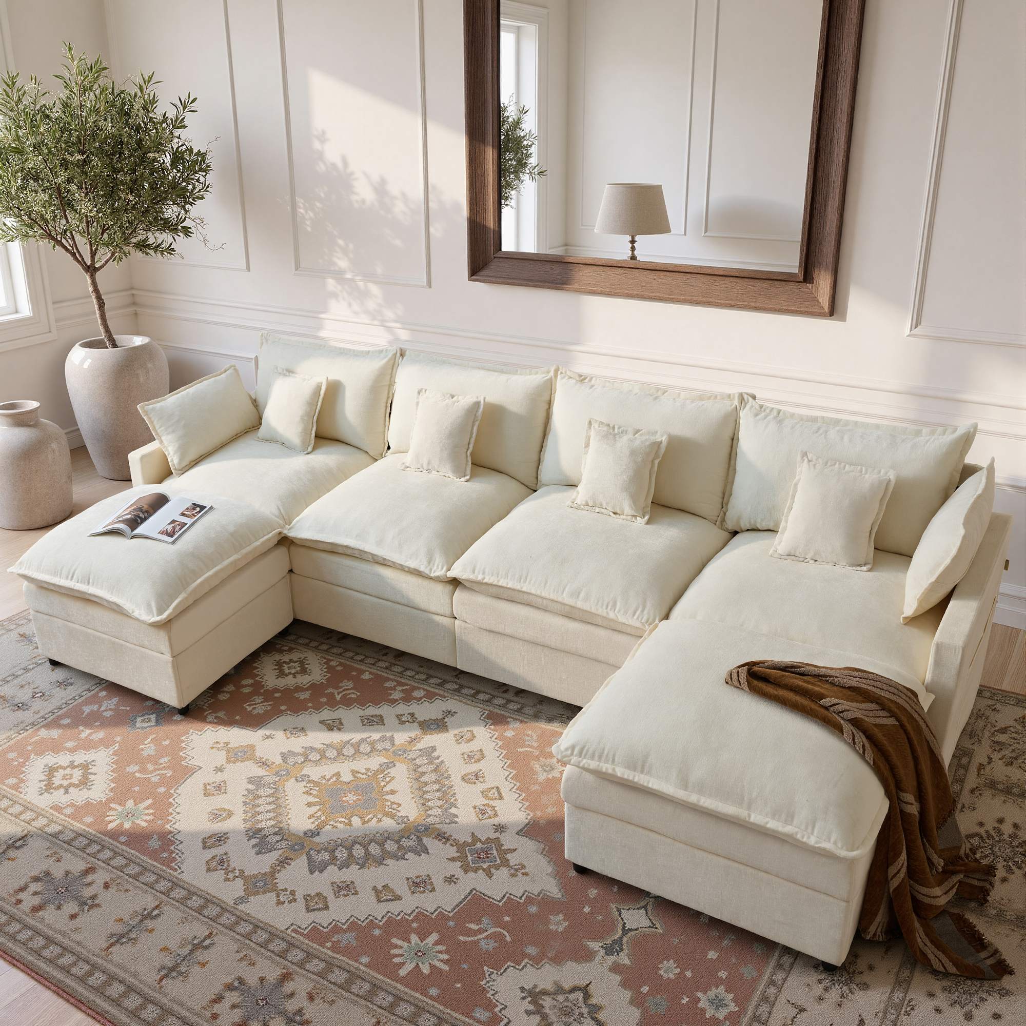 OVIOS U-Shaped Modular Sectional Sofa, Cloud Couch with 2 Ottomans, Deep Seat Chenille Sofa for Living Room and Apartment, Free Combination