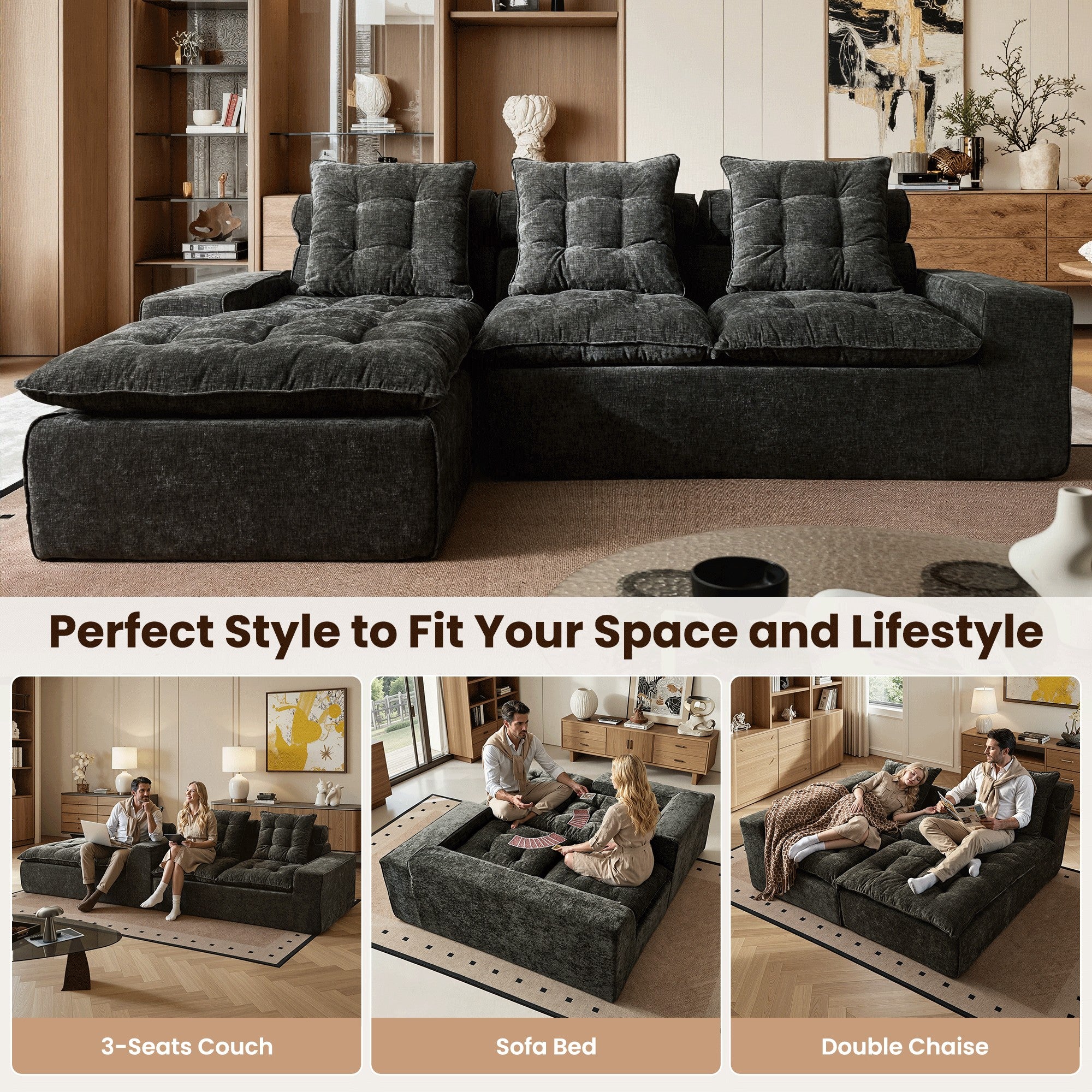 OVIOS Cloud Boneless Sectional Sofa with L Shaped Chaise Modular Chenille Couch for Living Room