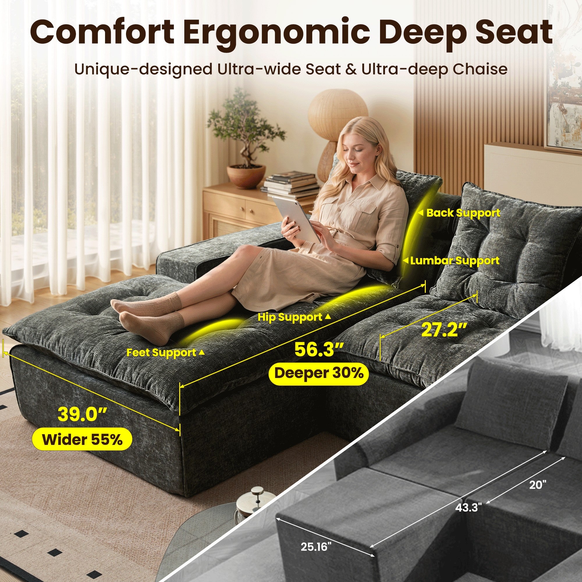 OVIOS Cloud Boneless Sectional Sofa with L Shaped Chaise Modular Chenille Couch for Living Room