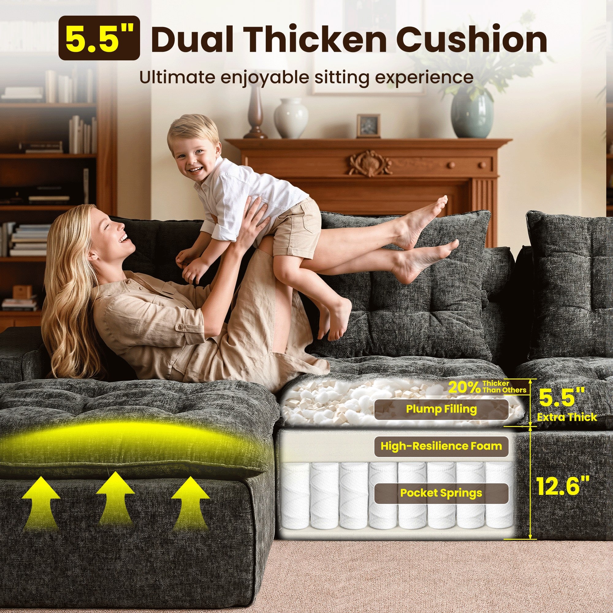 OVIOS Cloud Boneless Sectional Sofa with L Shaped Chaise Modular Chenille Couch for Living Room