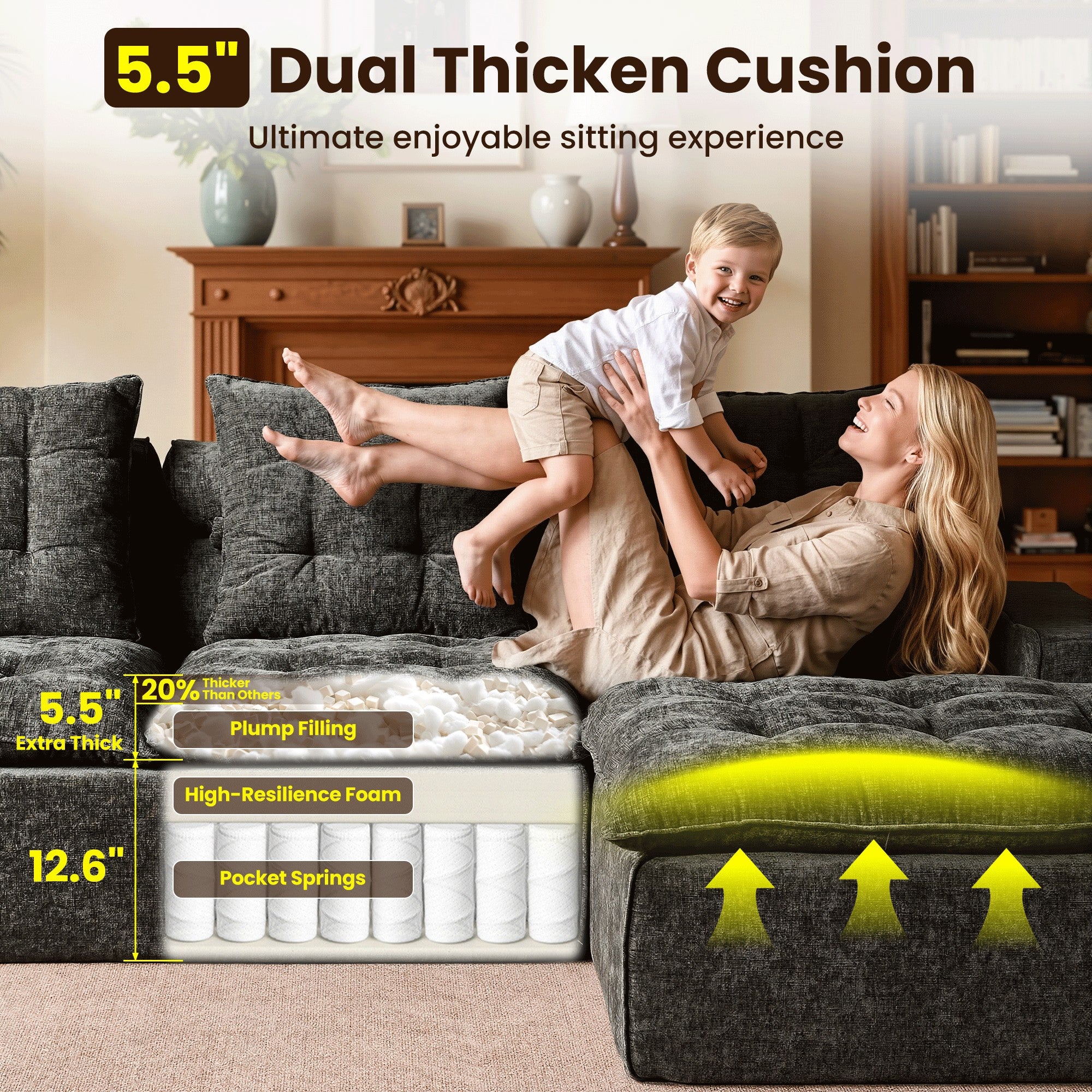 OVIOS Cloud Boneless Sectional Sofa with L Shaped Chaise Modular Chenille Couch for Living Room