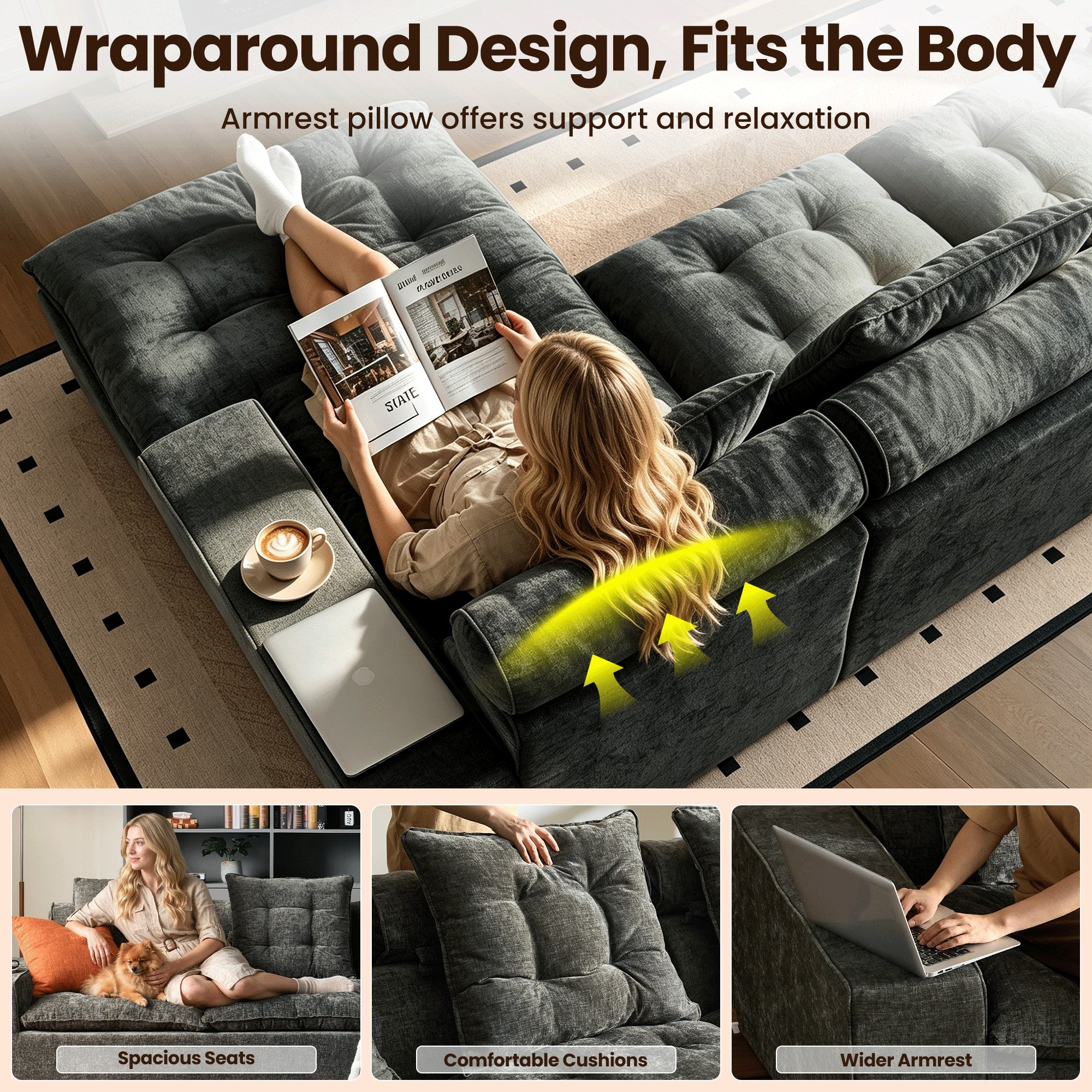 OVIOS Cloud Boneless Sectional Sofa with L Shaped Chaise Modular Chenille Couch for Living Room