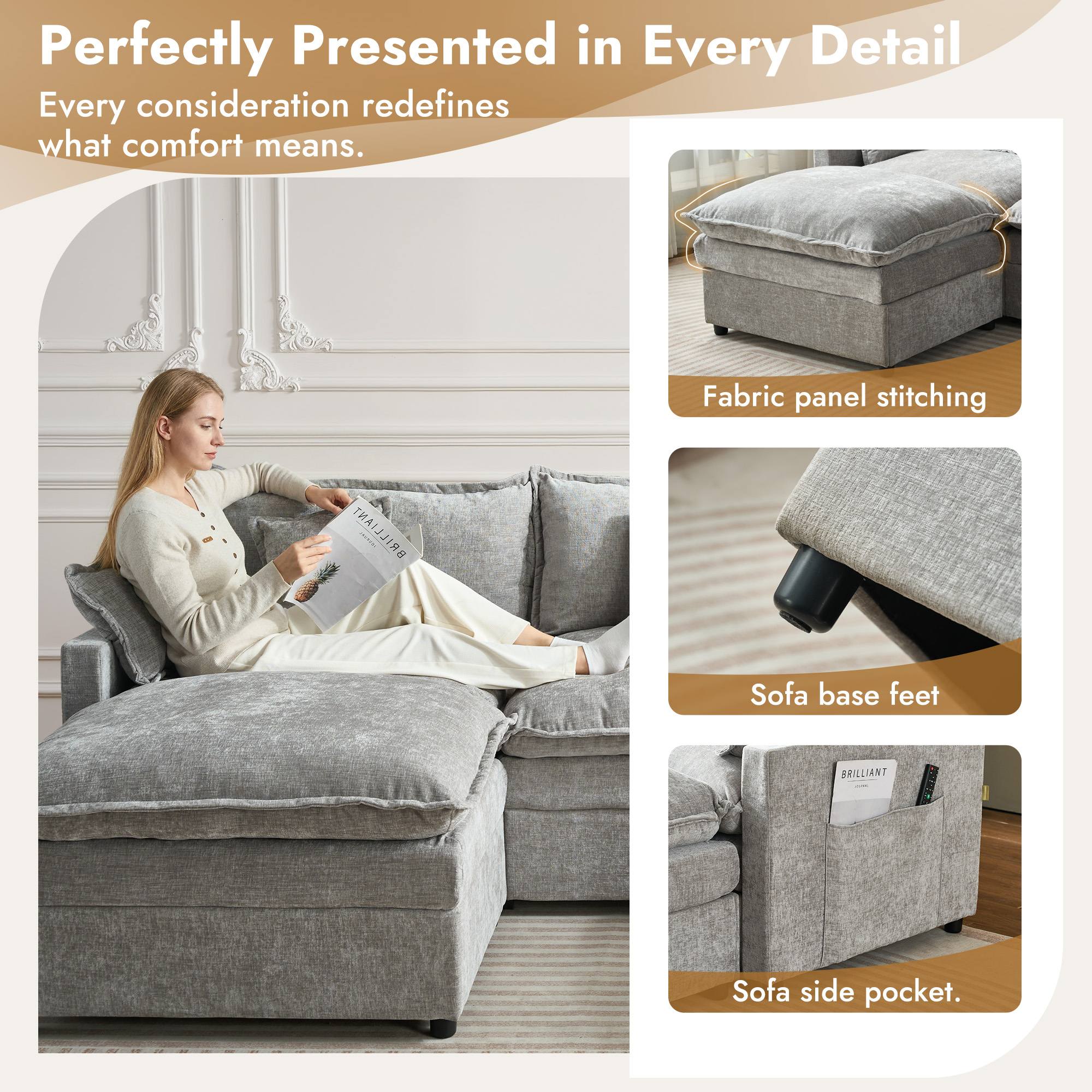 OVIOS Chenille Modular Sectional Sofa with Ottoman, Free Combination