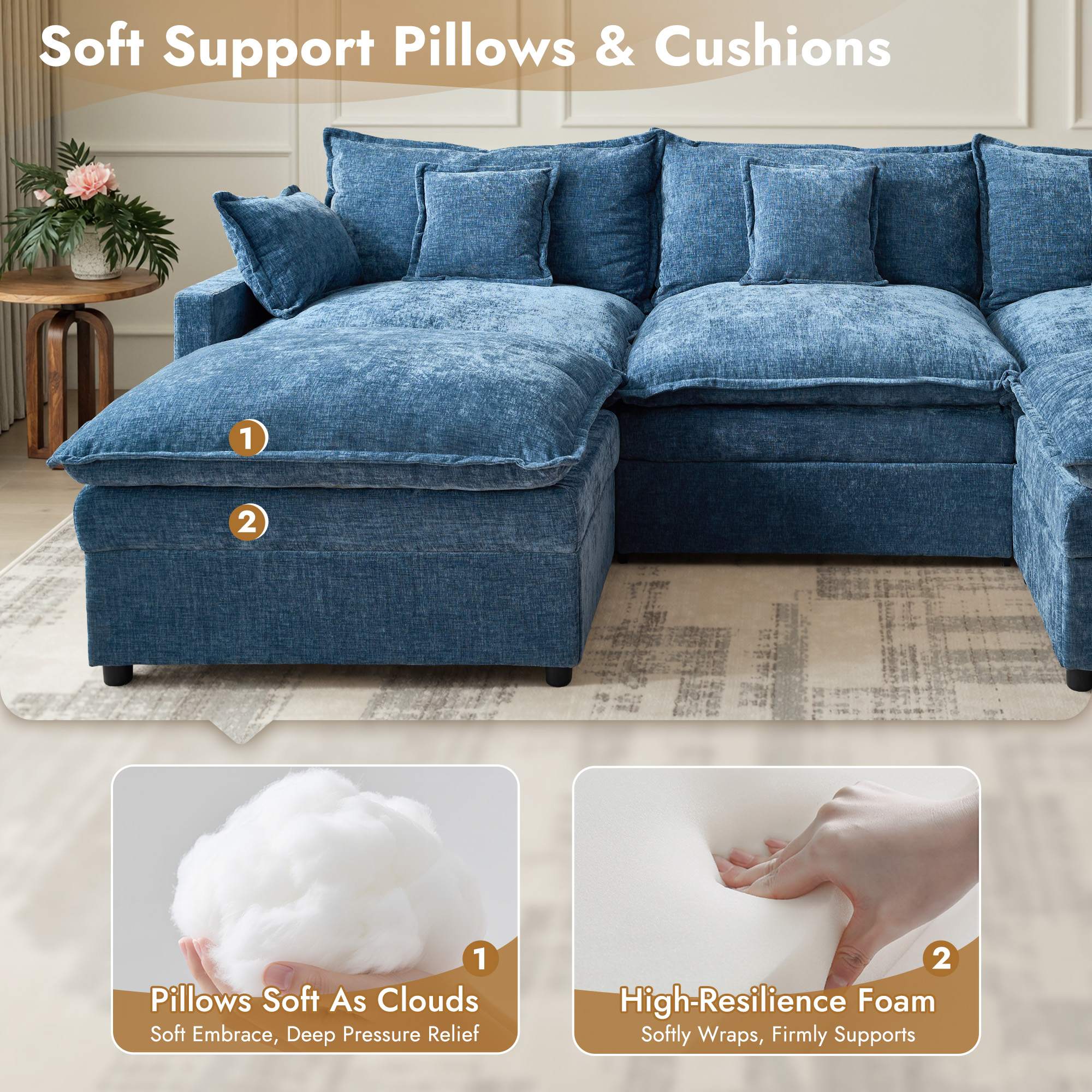 OVIOS Chenille Modular Sectional Sofa with Ottoman, Free Combination