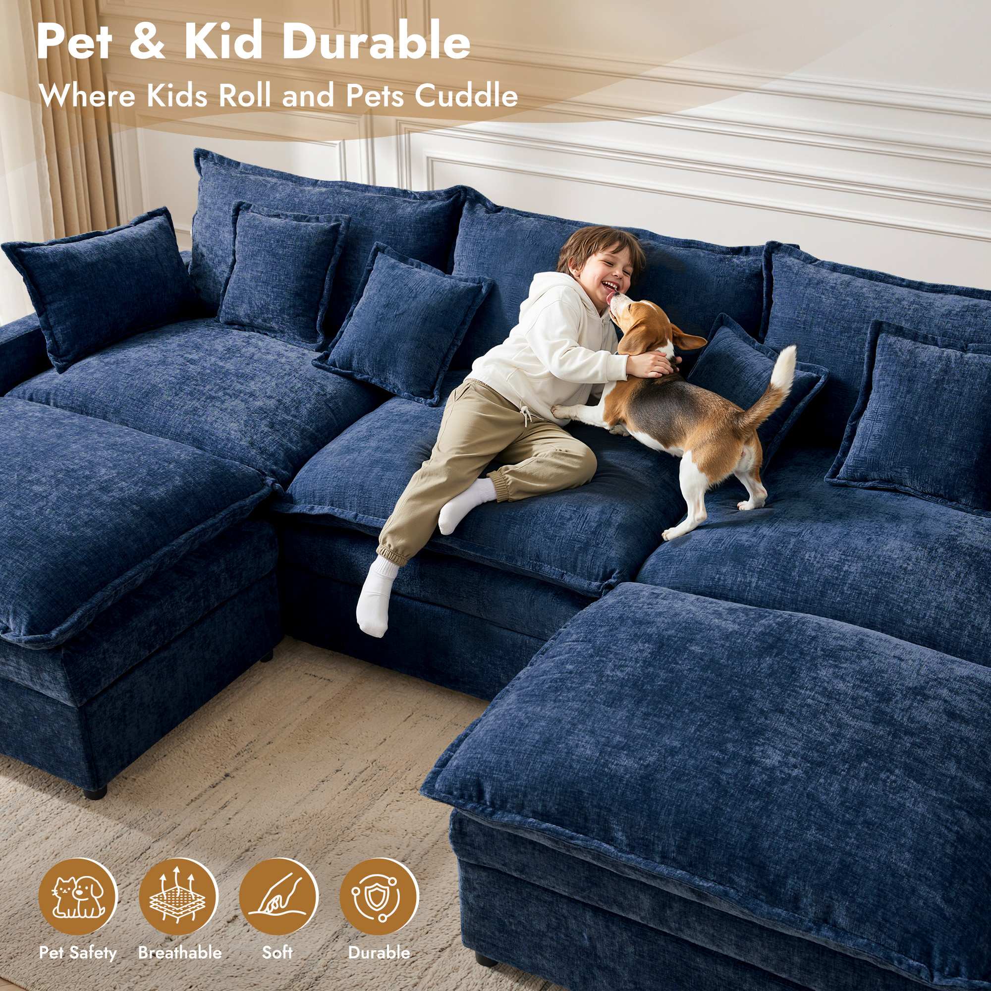Navy blue OVIOS chenille modular sectional sofa with boy & beagle puppy. Pet & Kid Durable.