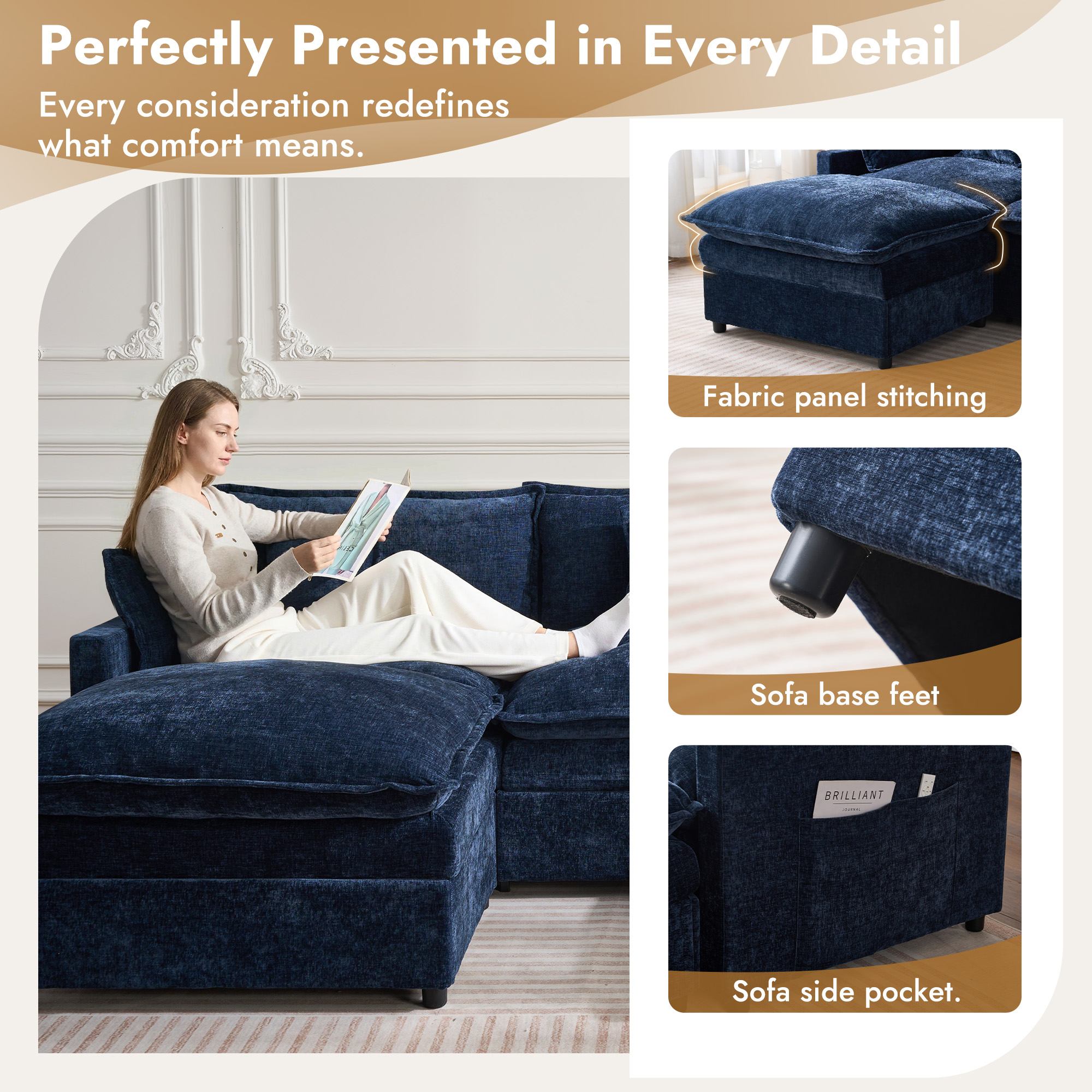 OVIOS navy blue chenille modular sofa with ottoman, showing side pocket and stitching detail.