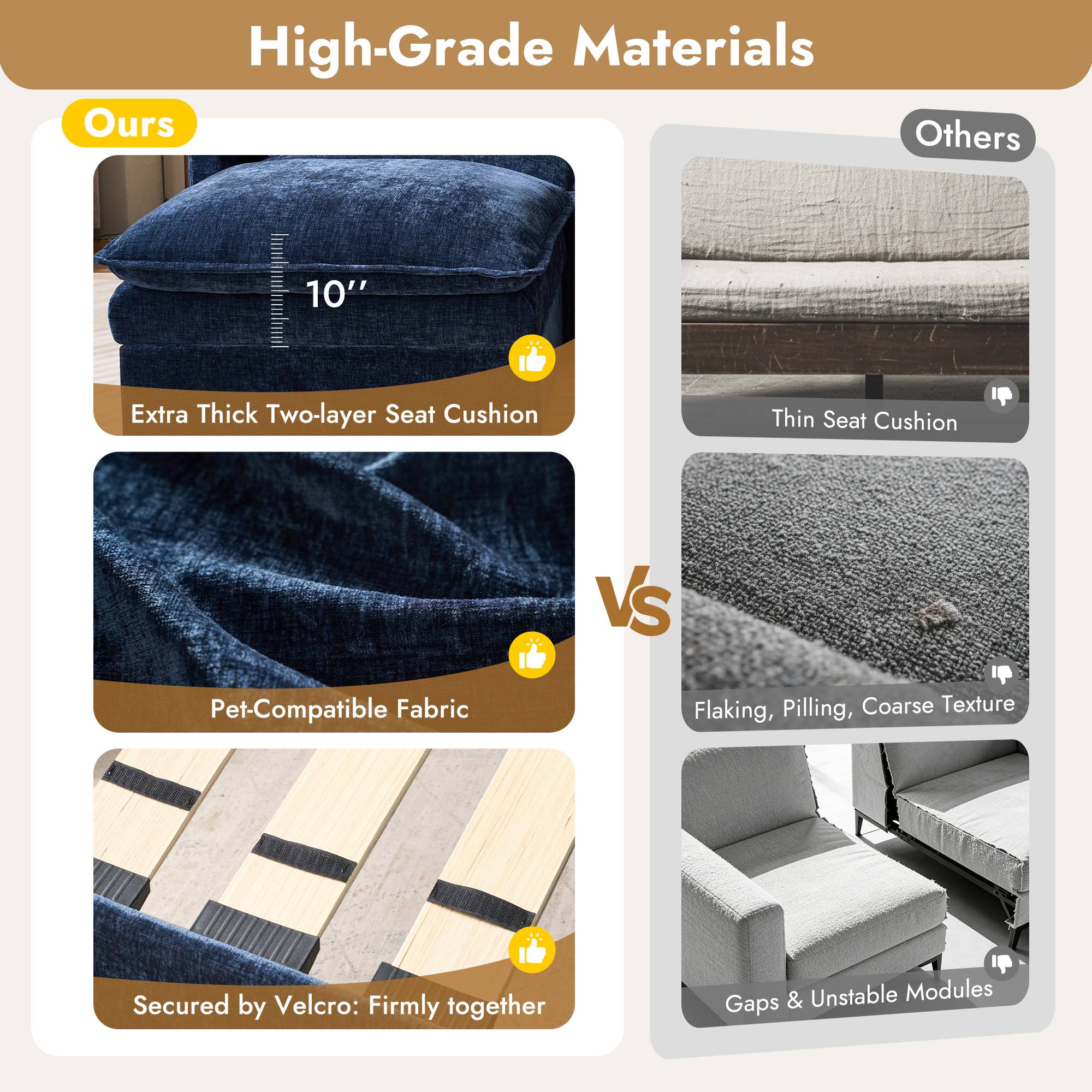 OVIOS chenille modular sofa: Thick cushions, pet-friendly fabric, secure assembly comparison.