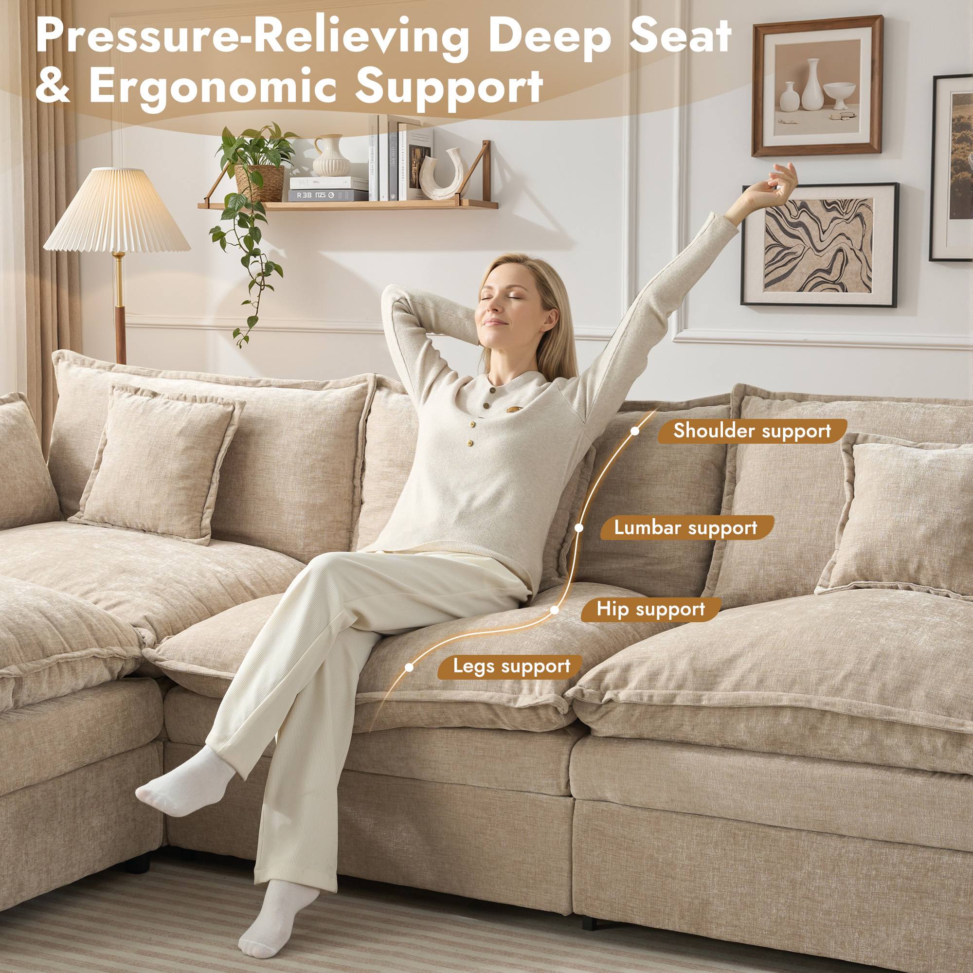 OVIOS chenille modular sectional sofa: deep seat, ergonomic support for shoulder, lumbar, hip, legs.