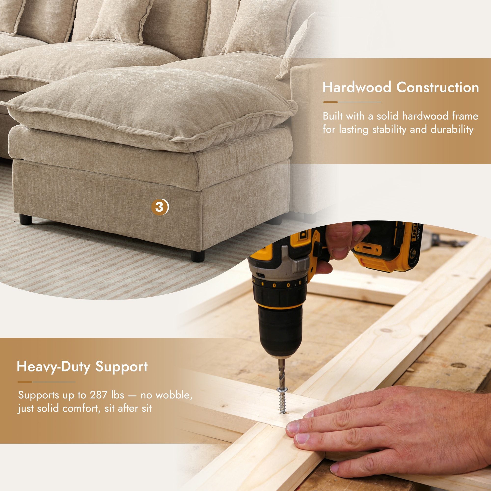 OVIOS chenille modular sofa: hardwood construction & heavy-duty support.