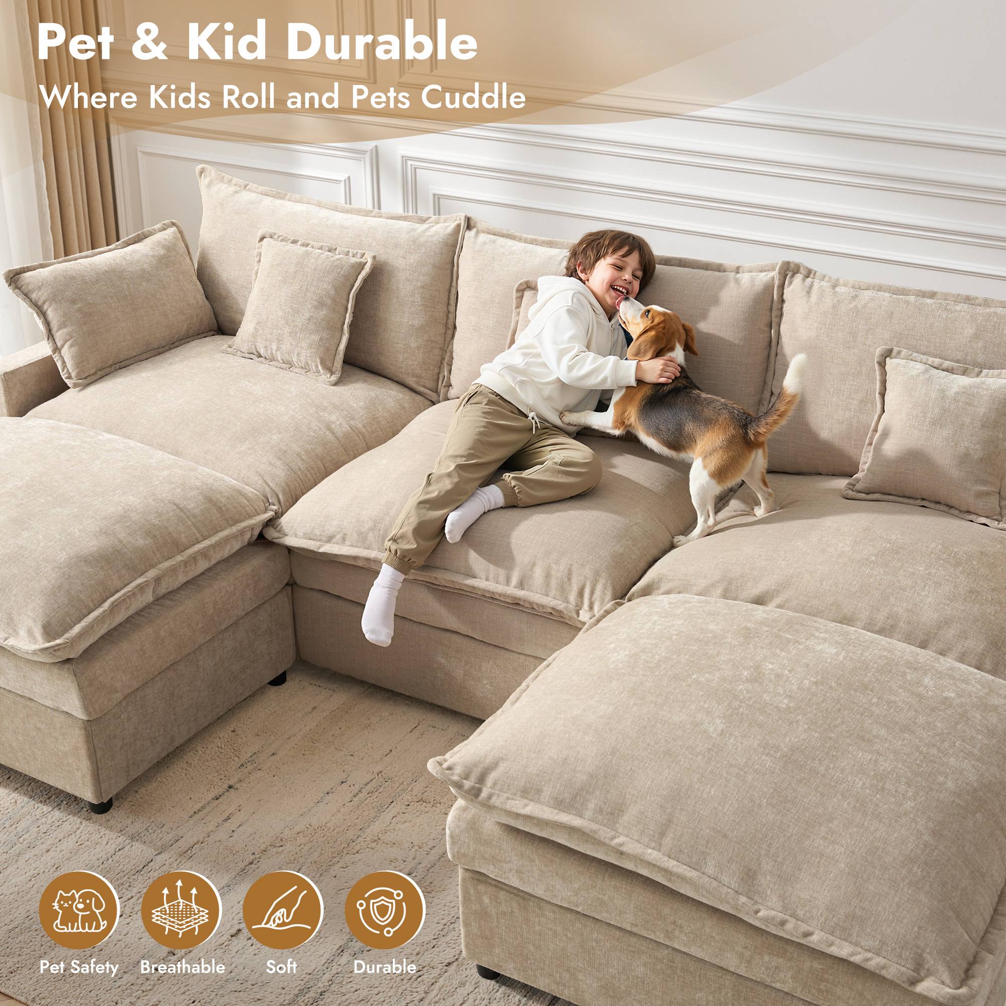 OVIOS beige chenille modular sectional sofa with ottoman, pet & kid durable