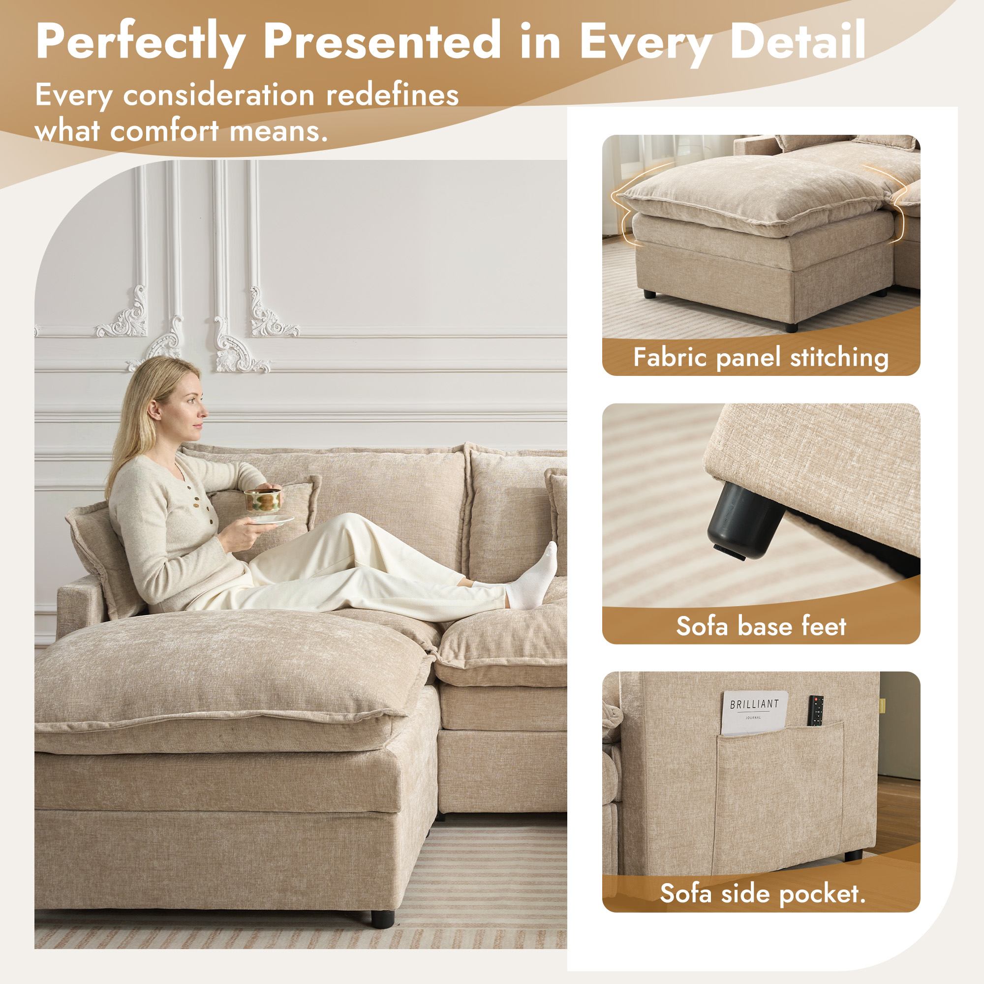 OVIOS beige chenille modular sectional sofa & ottoman set. Features: stitching, feet, side pocket.