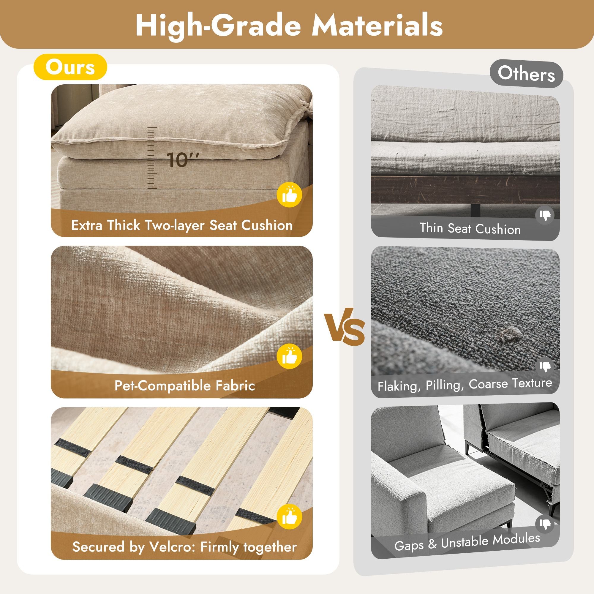 OVIOS Chenille modular sofa: thick two-layer cushions, pet-friendly fabric, secure assembly.