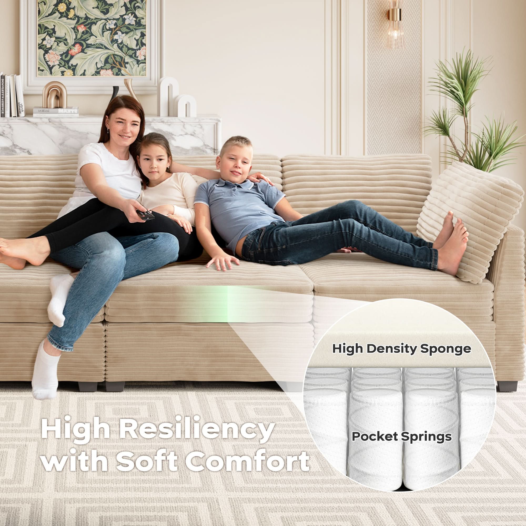 OVIOS Living Room Modular Couch 5-Pieces Set, 1 Wale Plush Corduroy Fabric