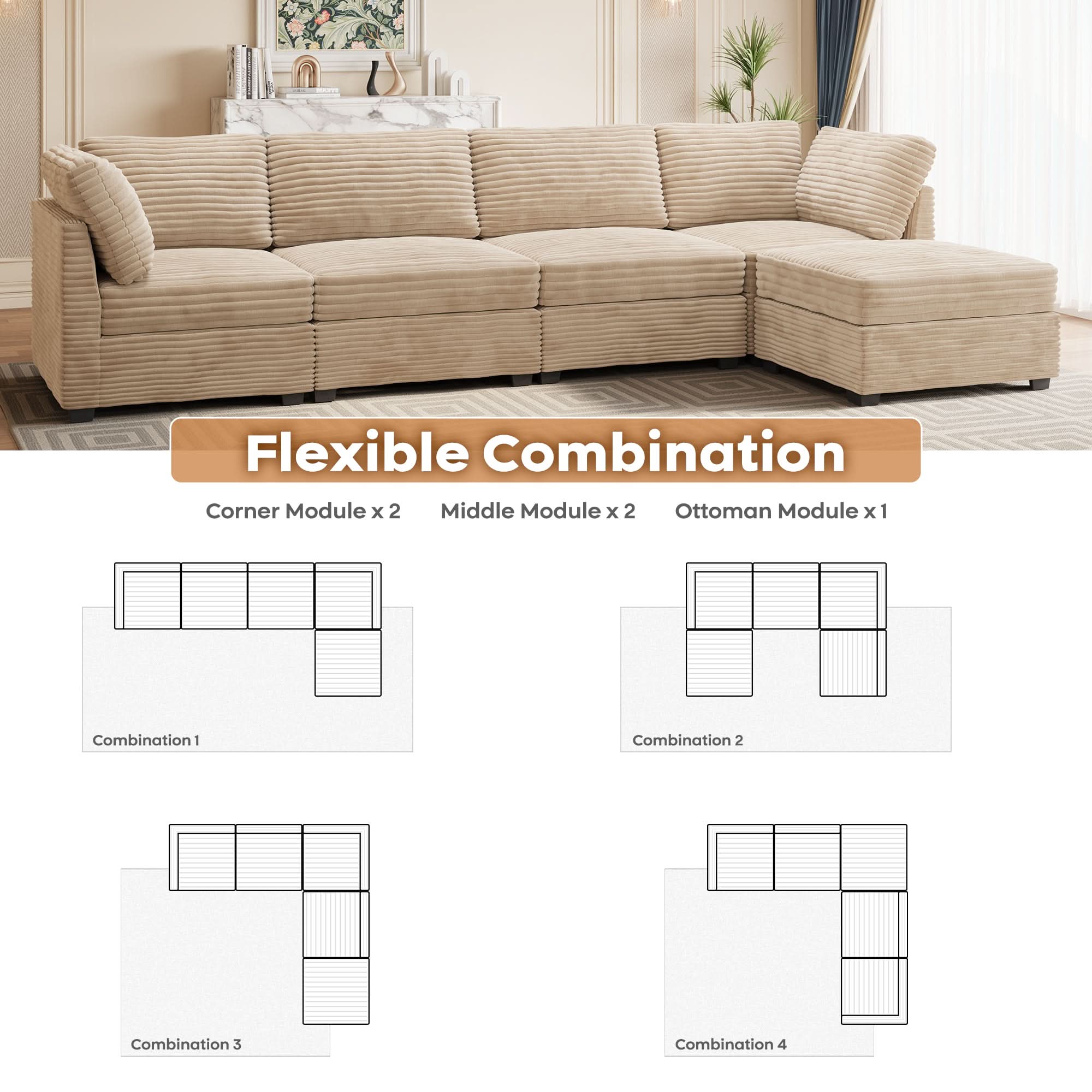 OVIOS Living Room Modular Couch 5-Pieces Set, 1 Wale Plush Corduroy Fabric