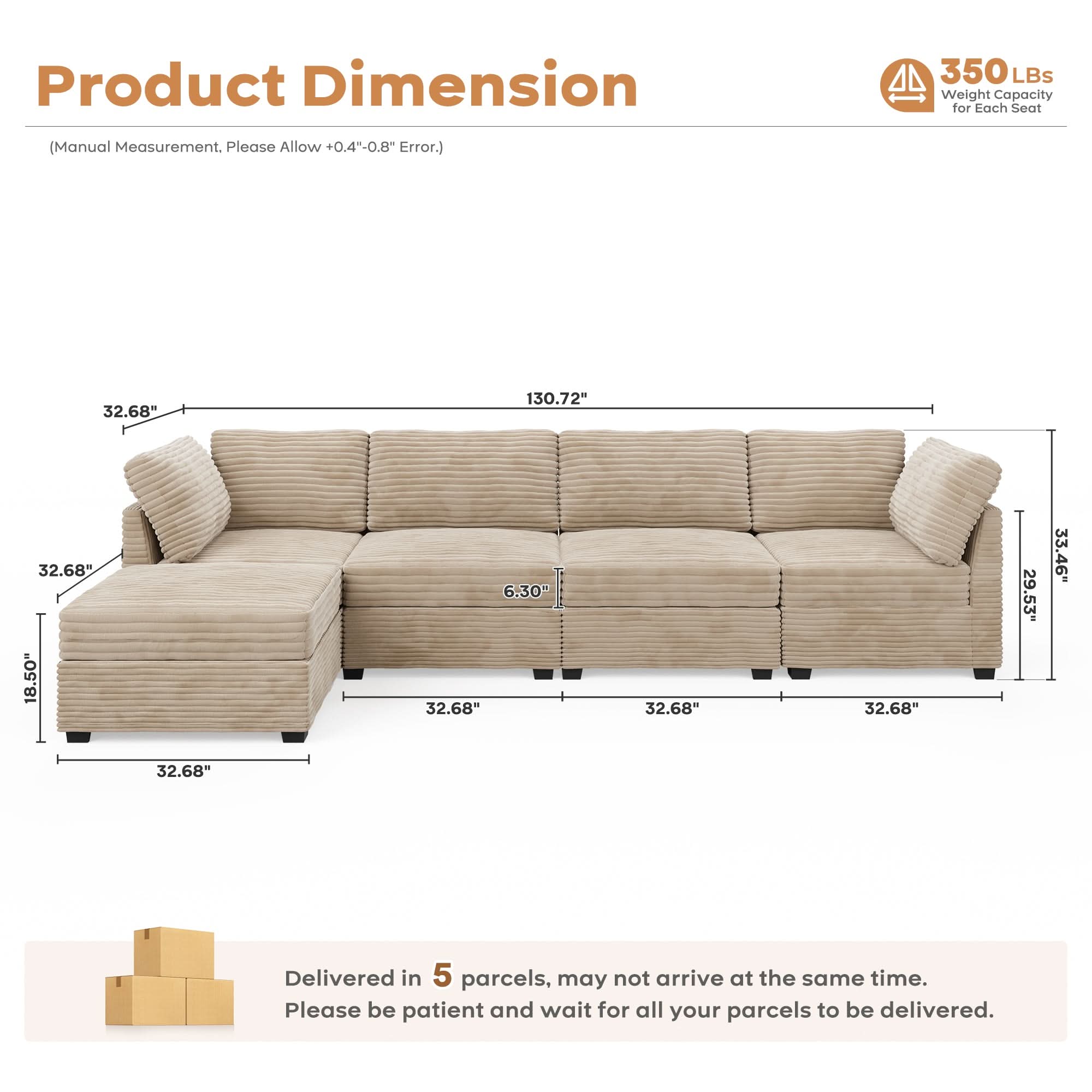 OVIOS Living Room Modular Couch 5-Pieces Set, 1 Wale Plush Corduroy Fabric