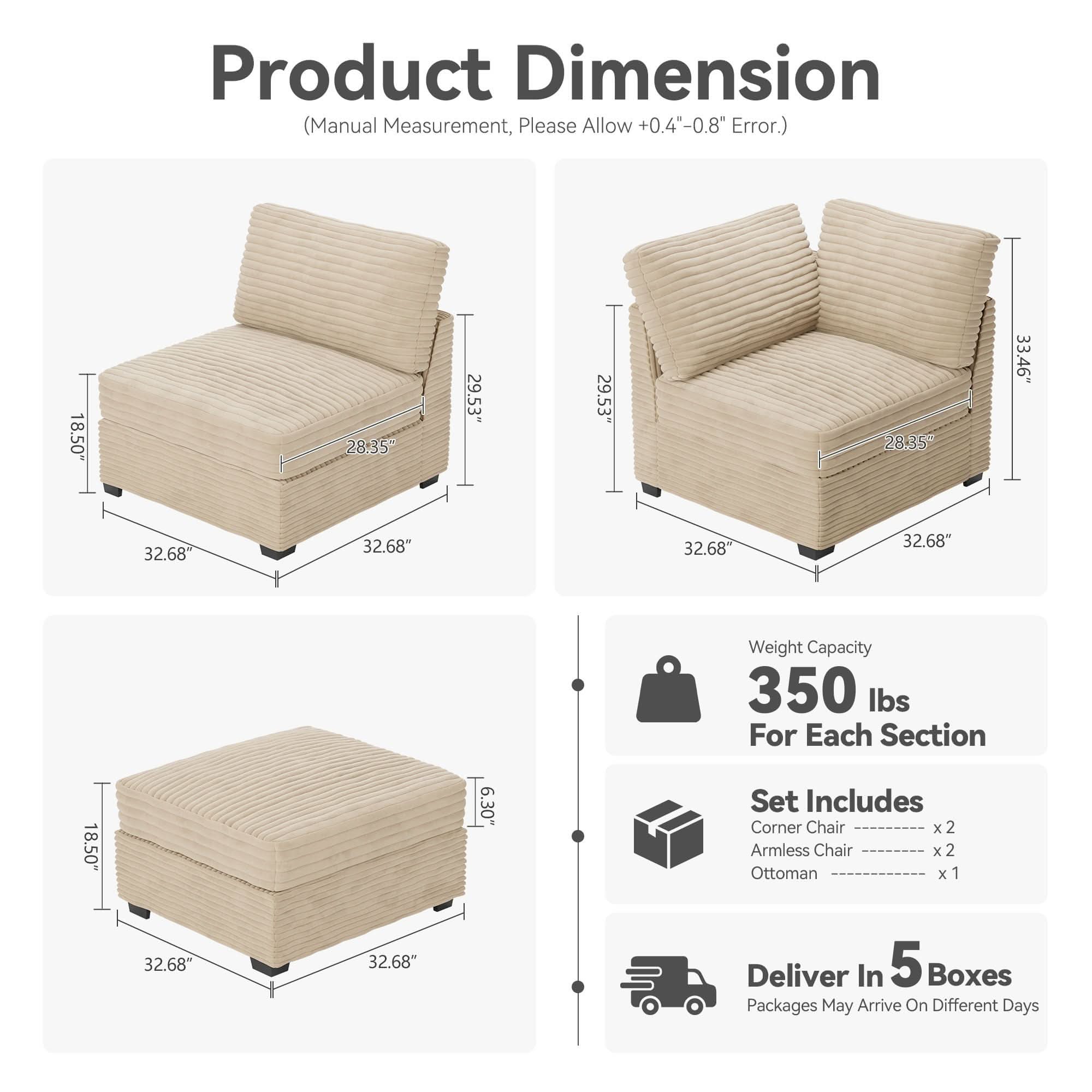 OVIOS Living Room Modular Couch 5-Pieces Set, 1 Wale Plush Corduroy Fabric