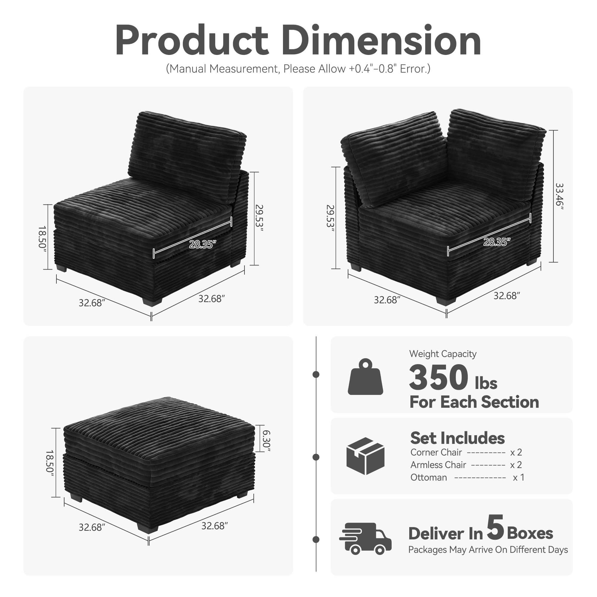 OVIOS Living Room Modular Couch 5-Pieces Set, 1 Wale Plush Corduroy Fabric