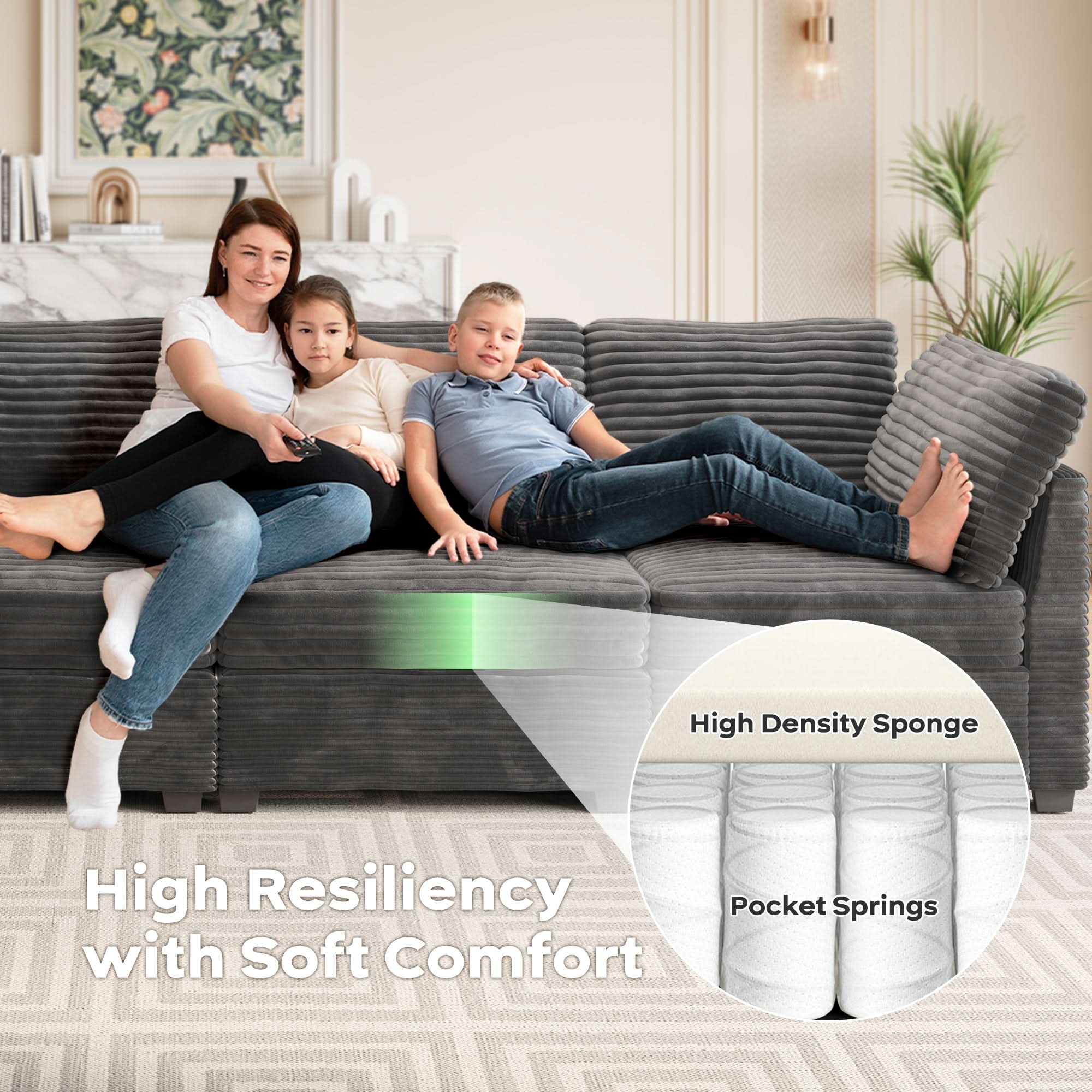 OVIOS Living Room Modular Couch 5-Pieces Set, 1 Wale Plush Corduroy Fabric