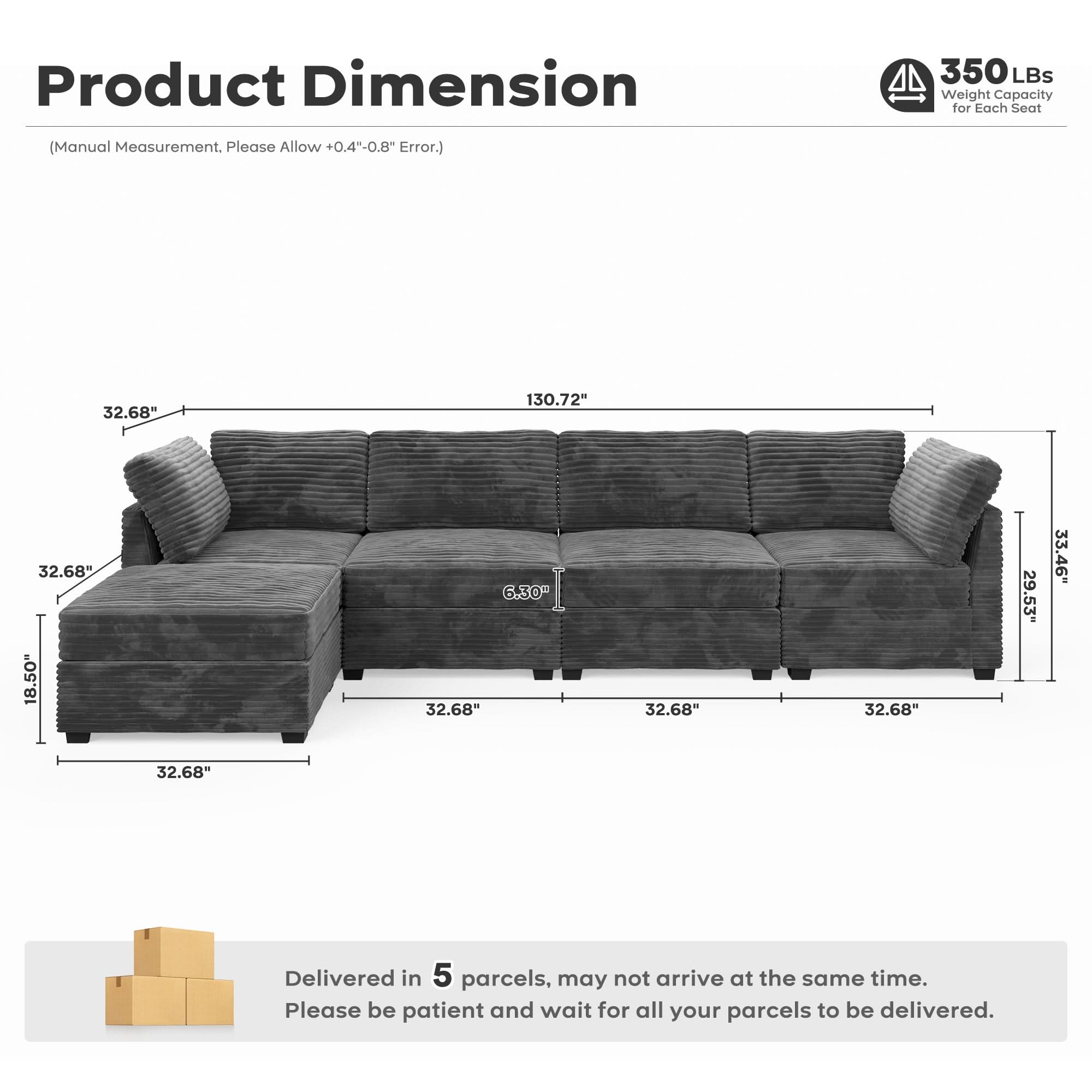 OVIOS Living Room Modular Couch 5-Pieces Set, 1 Wale Plush Corduroy Fabric