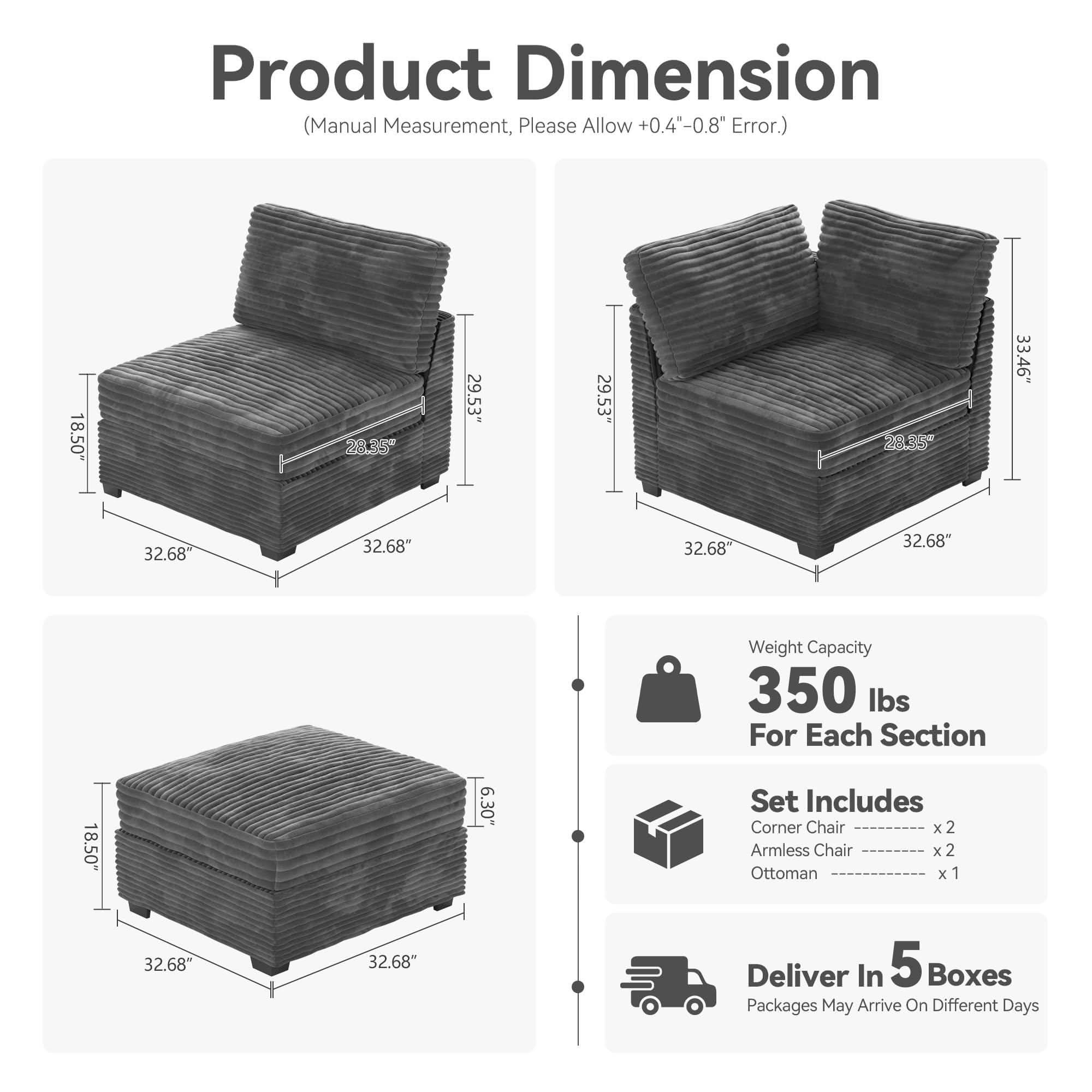 OVIOS Living Room Modular Couch 5-Pieces Set, 1 Wale Plush Corduroy Fabric