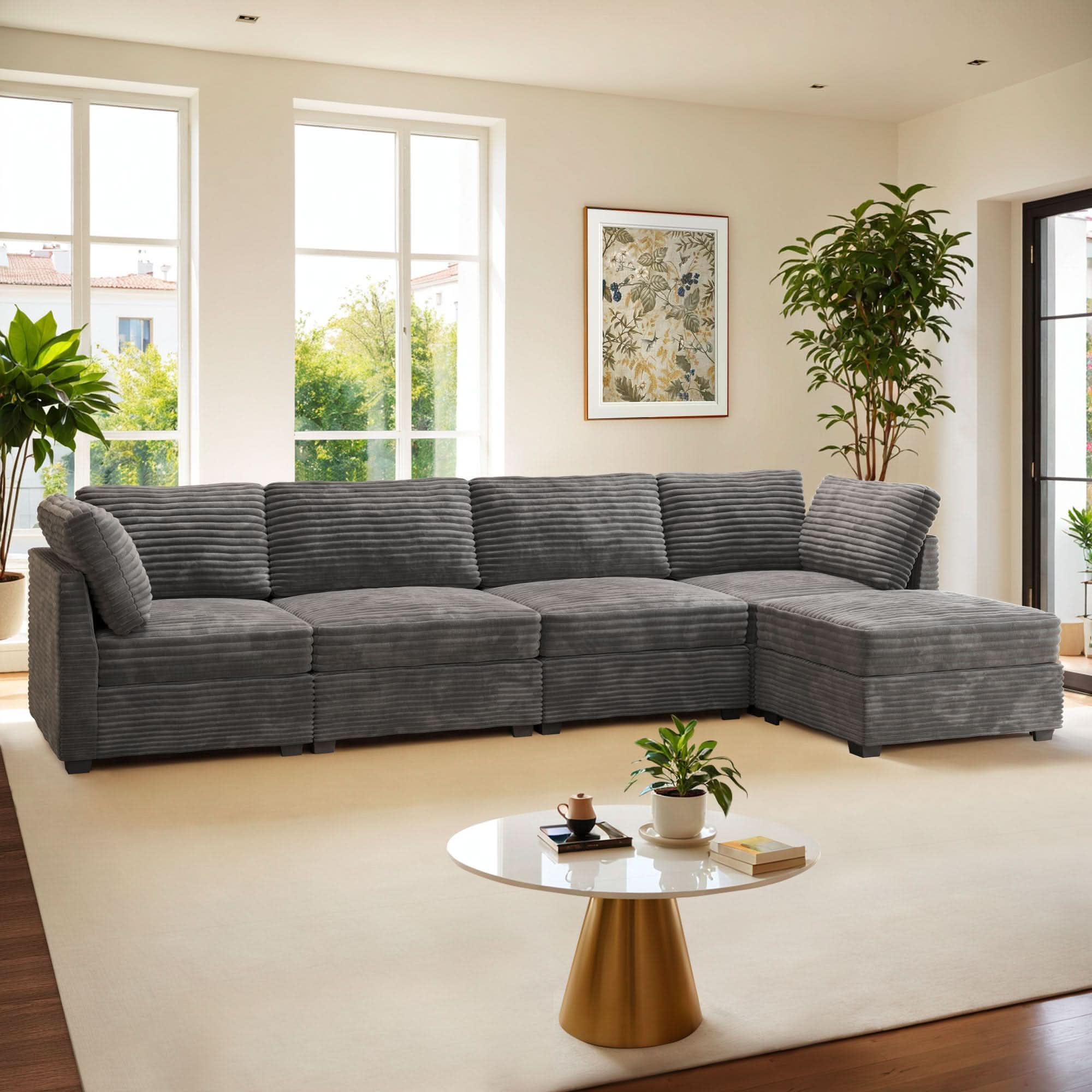 OVIOS Living Room Modular Couch 5-Pieces Set, 1 Wale Plush Corduroy Fabric