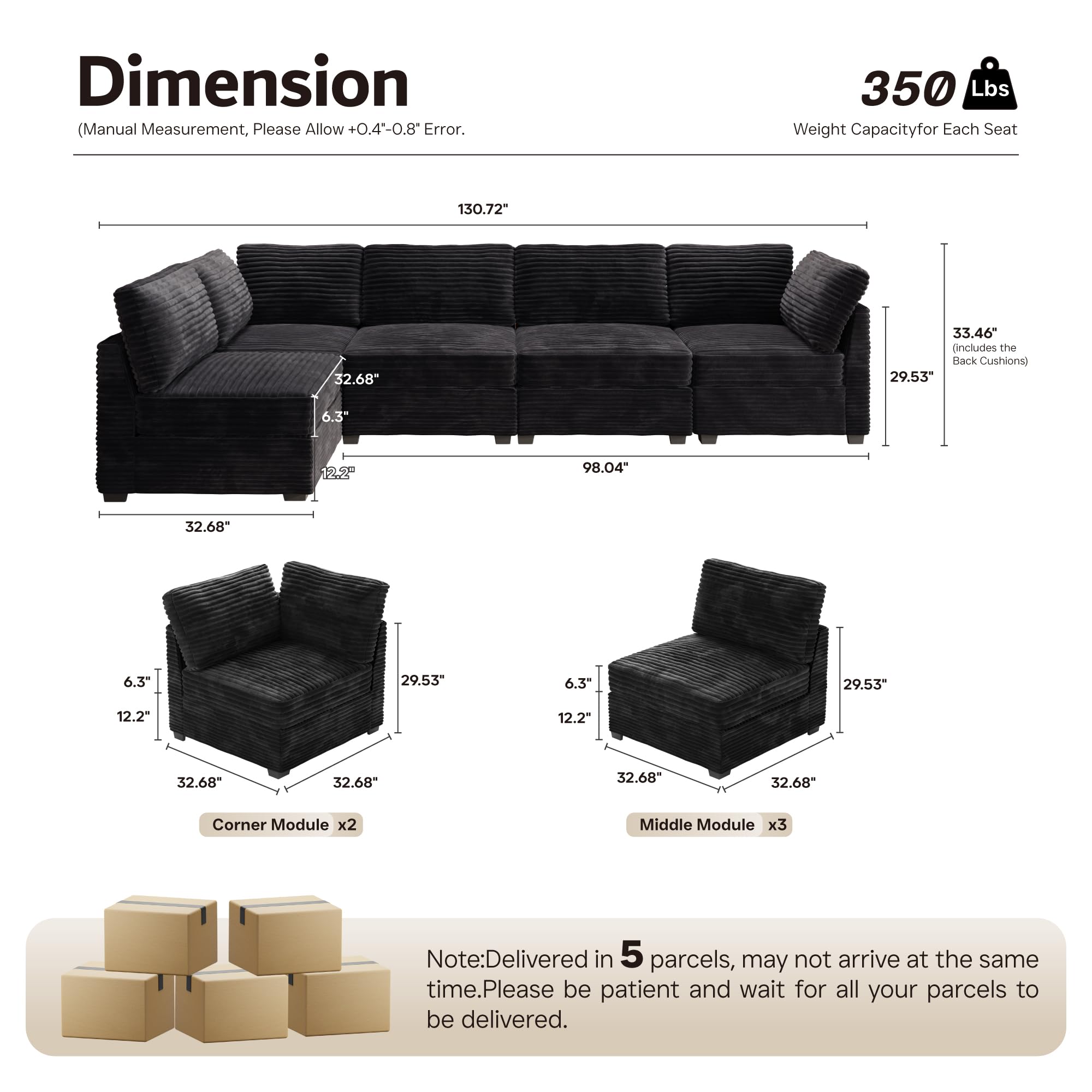 Ovios 130.7" Modular Sectional Sofa Couch, L-Shaped Minimalist Couches, Modern Deep Seat Cloud Plush Corduroy Sofas Set