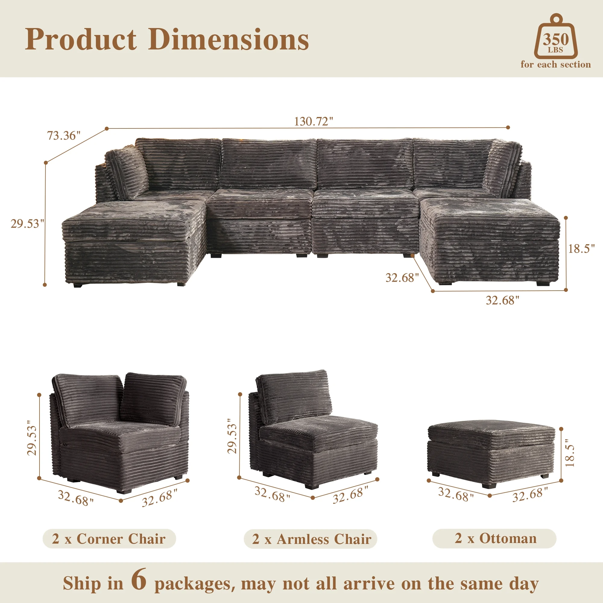 OVIOS Modular Sectional Sofa Couch with Oversized Chaise