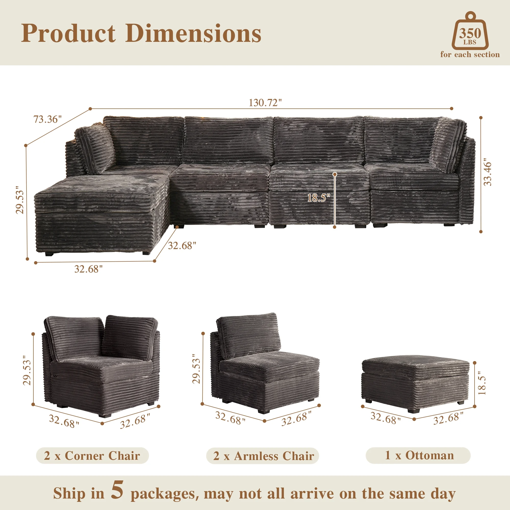 OVIOS Modular Sectional Sofa Couch with Oversized Chaise