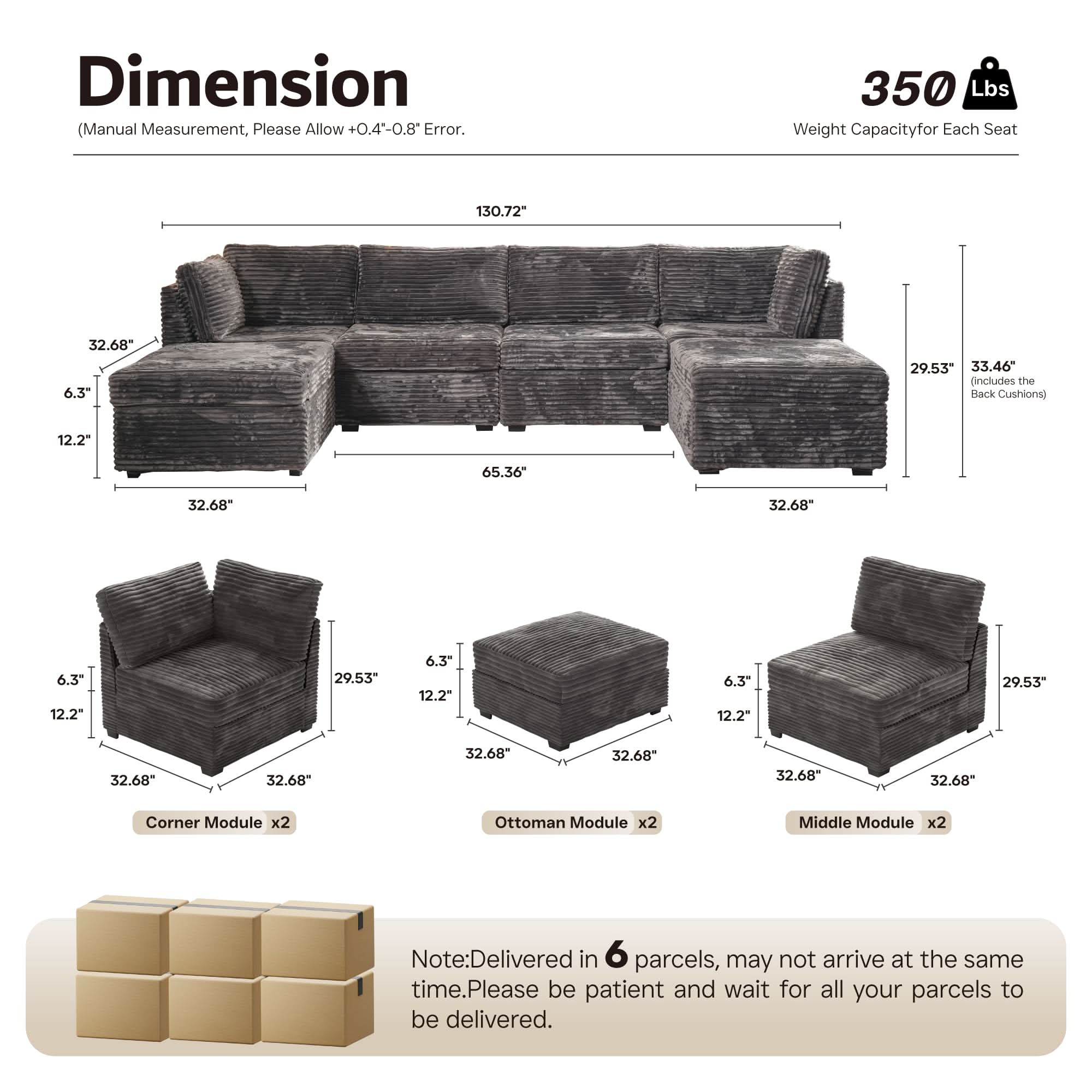 OVIOS 130.7" Modular Sectional Sofa Couch, U-Shaped Minimalist Couches with 2 Ottomans Chaise