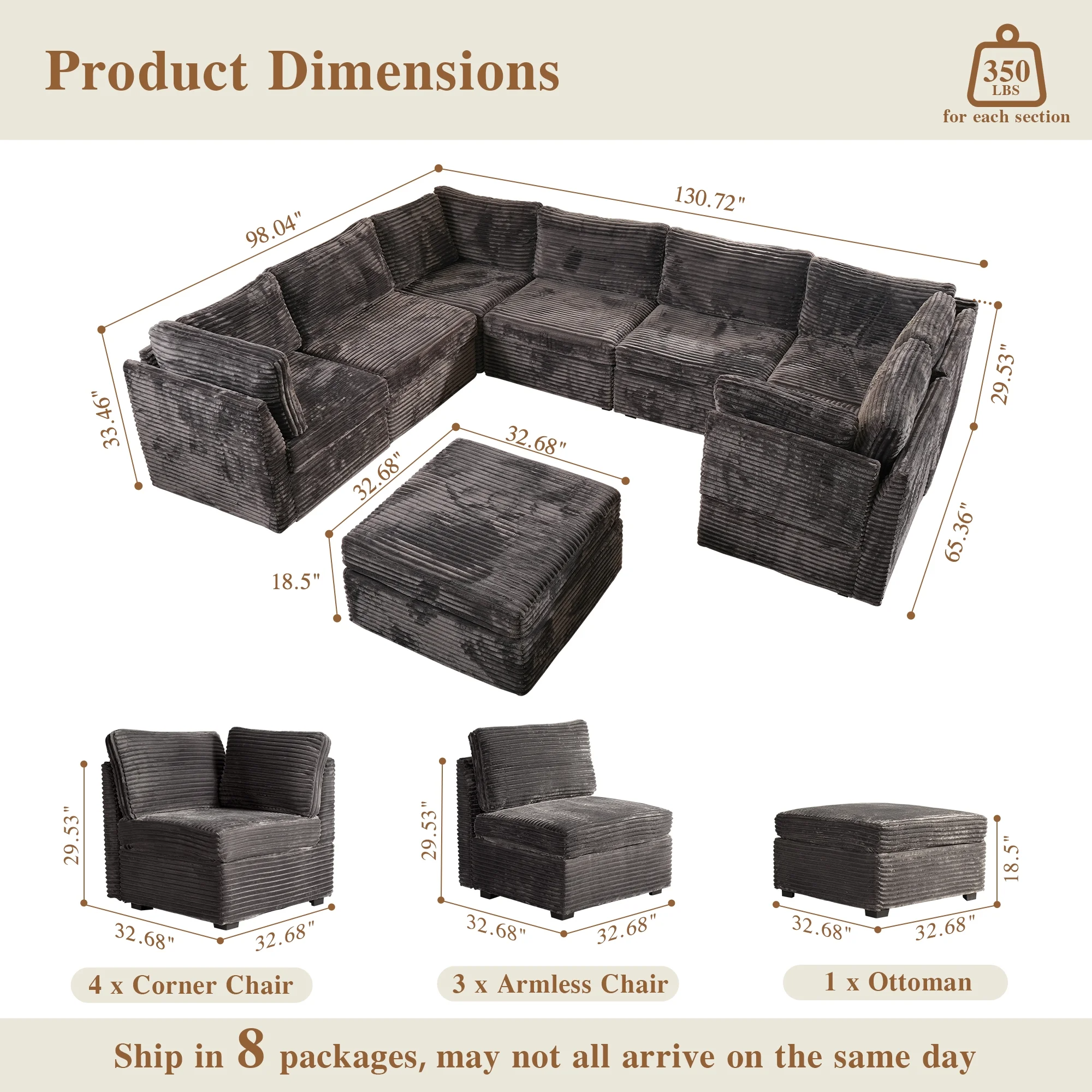 OVIOS Modular Sectional Sofa Couch with Oversized Chaise