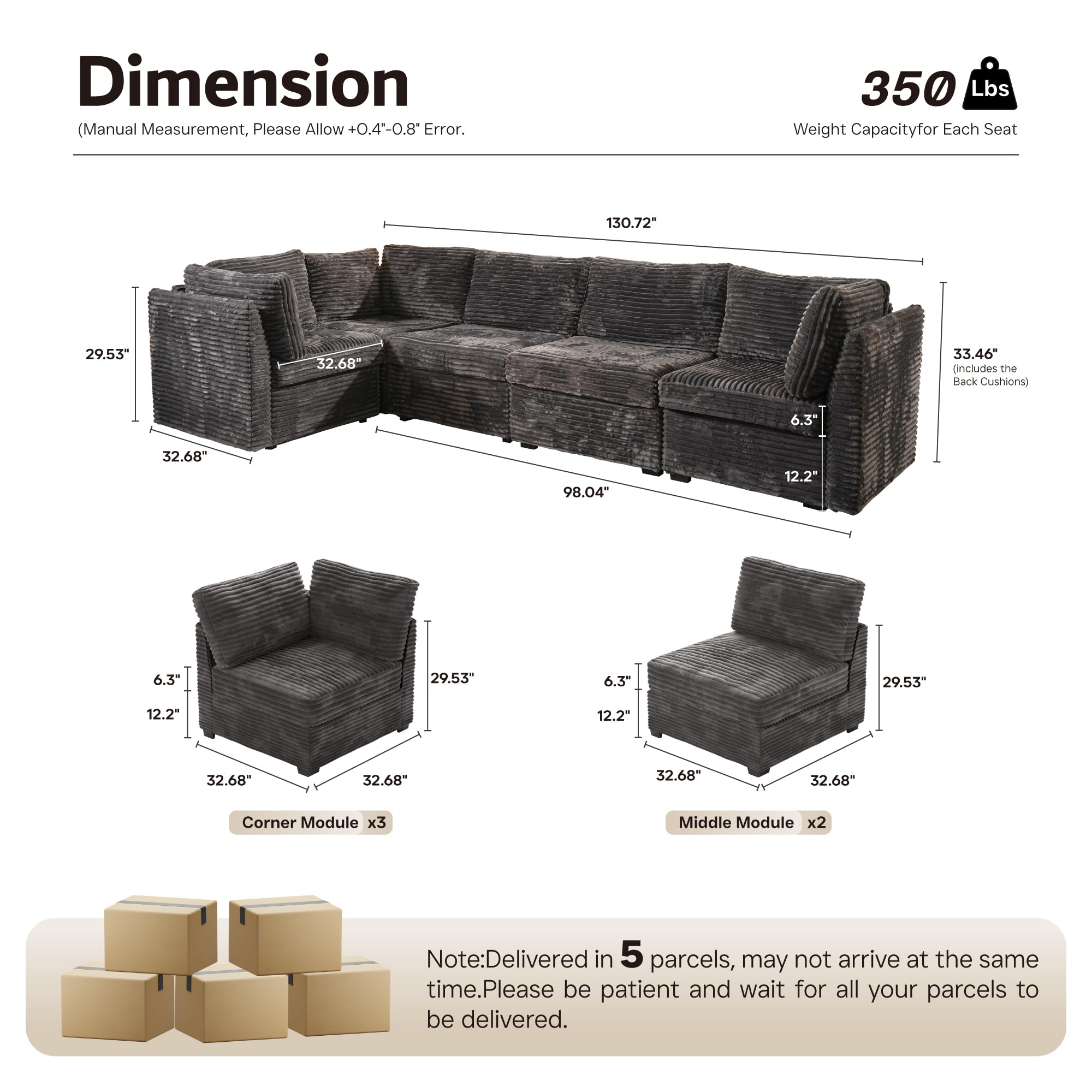 Ovios 130.7" Modular Sectional Sofa Couch, L-Shaped Minimalist Couches with Convertible Chaise
