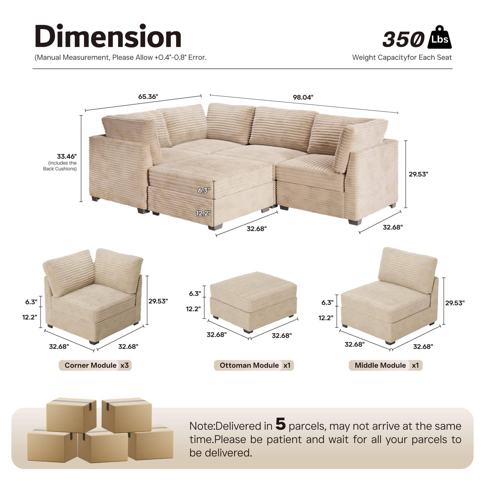 OVIOS 98" Modular Sectional Sofa Couch, L-Shaped Minimalist Couches with Sofa Bed Chaise