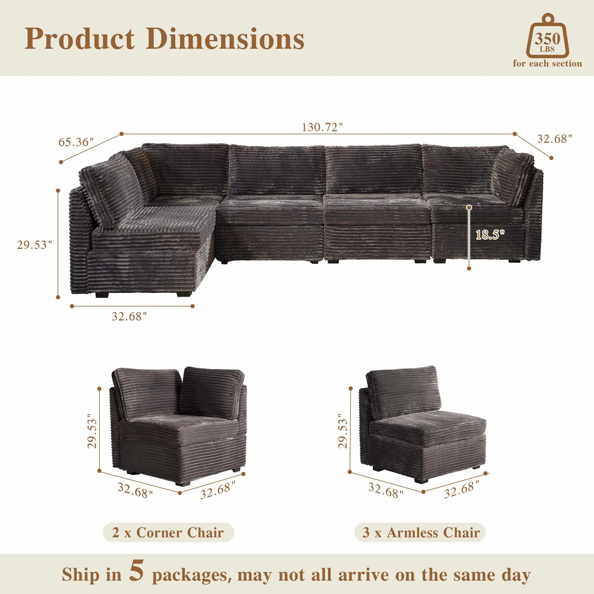 OVIOS Modular Sectional Sofa Couch with Oversized Chaise