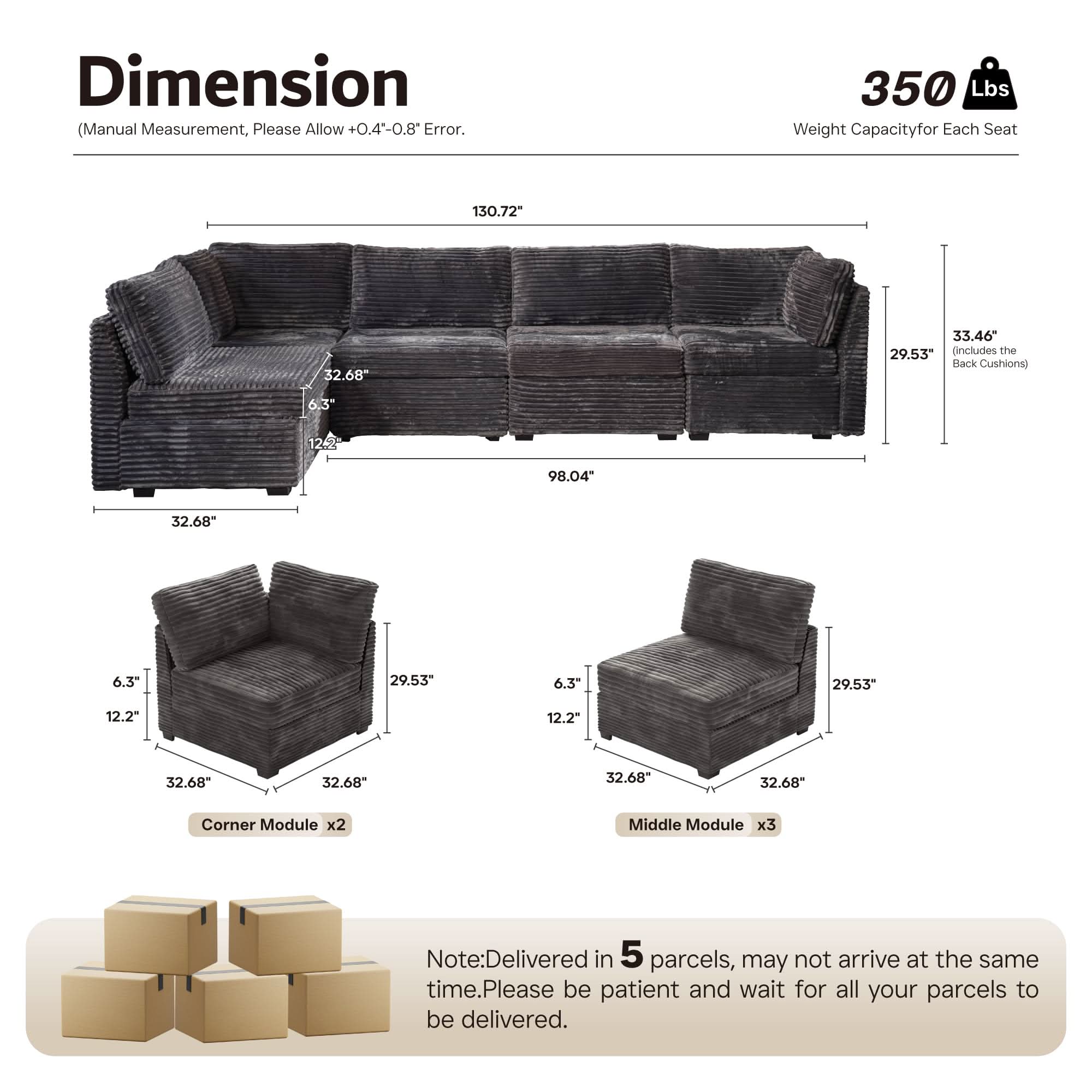 OVIOS 98" Modular Sectional Sofa Couch, L-Shaped Minimalist Couches with Sofa Bed Chaise