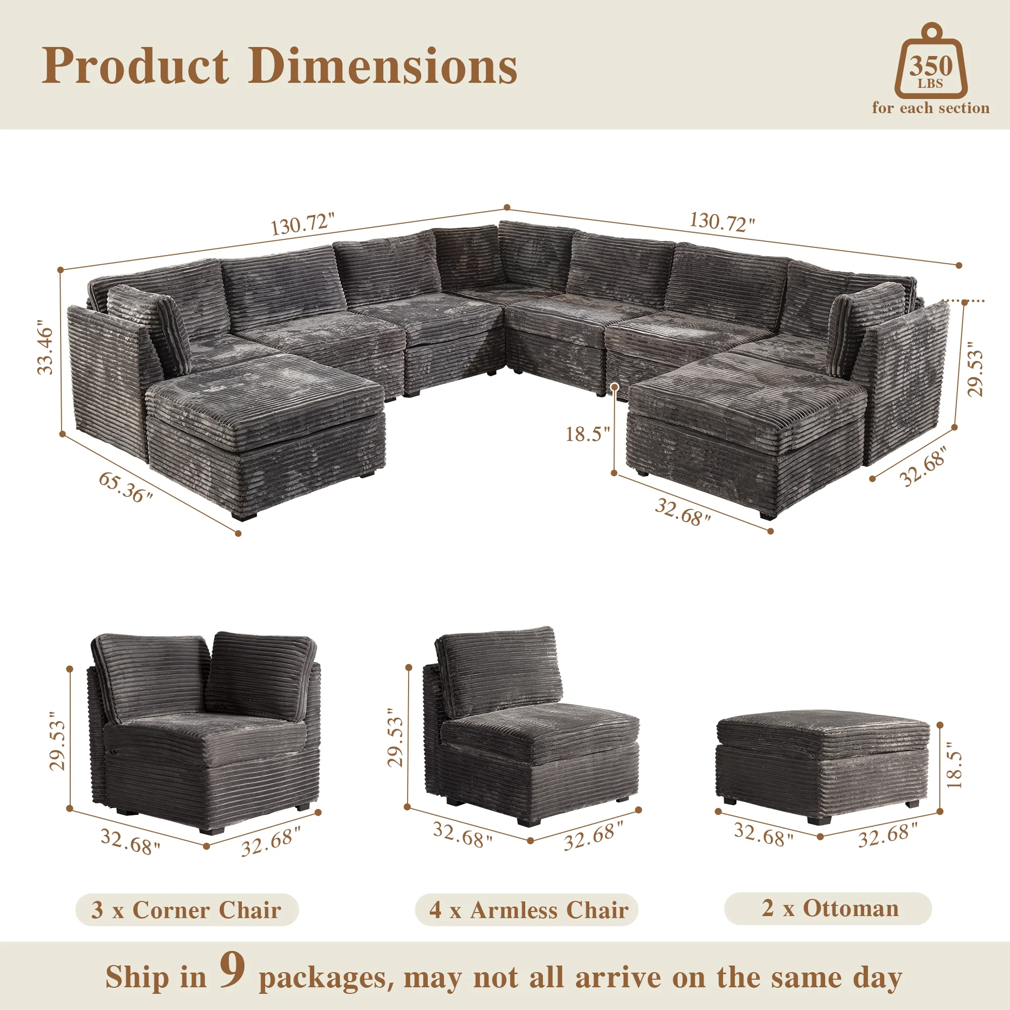 OVIOS Modular Sectional Sofa Couch with Oversized Chaise