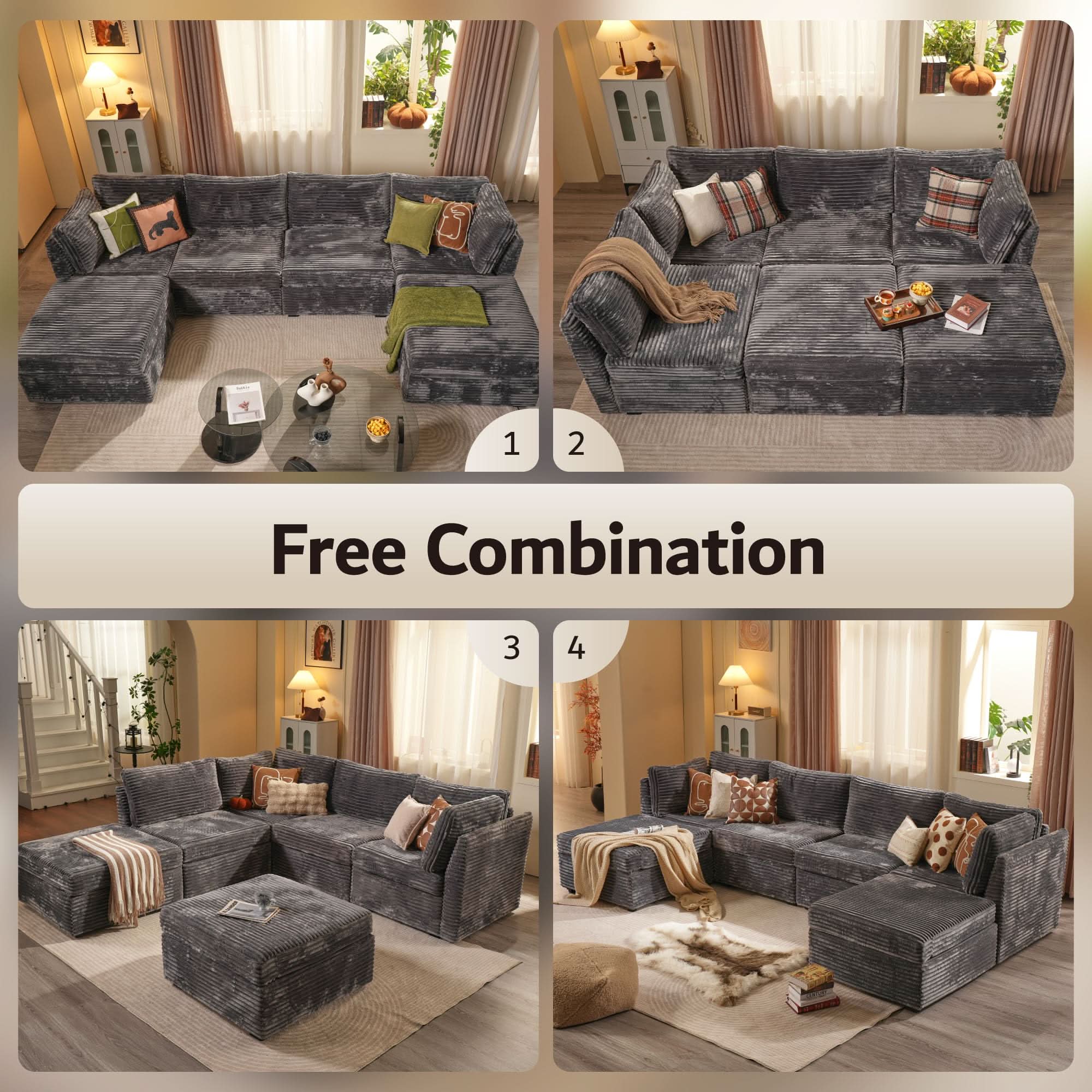 OVIOS 130.7" Modular Sectional Sofa Couch, U-Shaped Minimalist Couches with 2 Ottomans Chaise