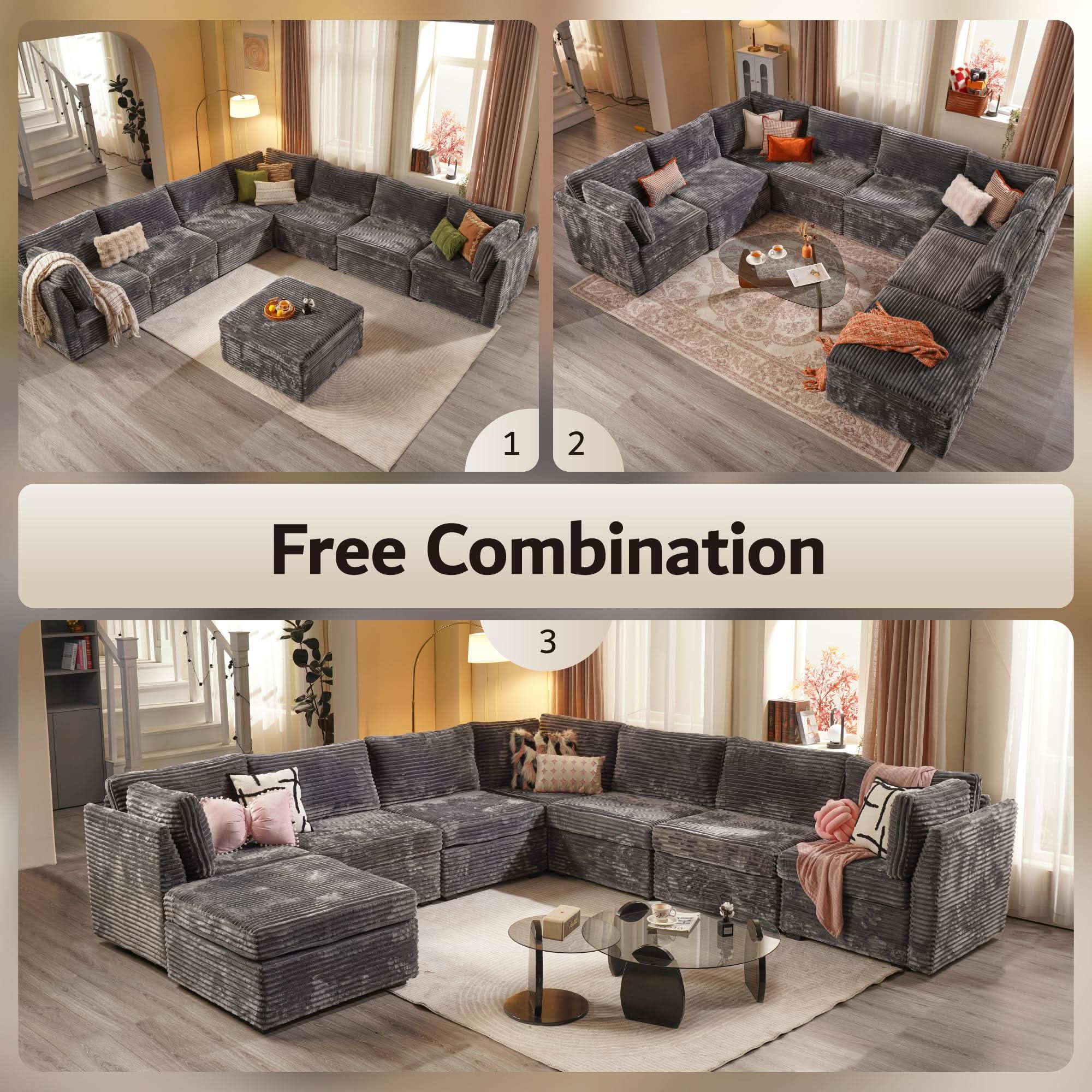 Ovios 163.4" Modular Sectional Sofa Couch, L-Shaped Minimalist Couches with Ottoman Chaise