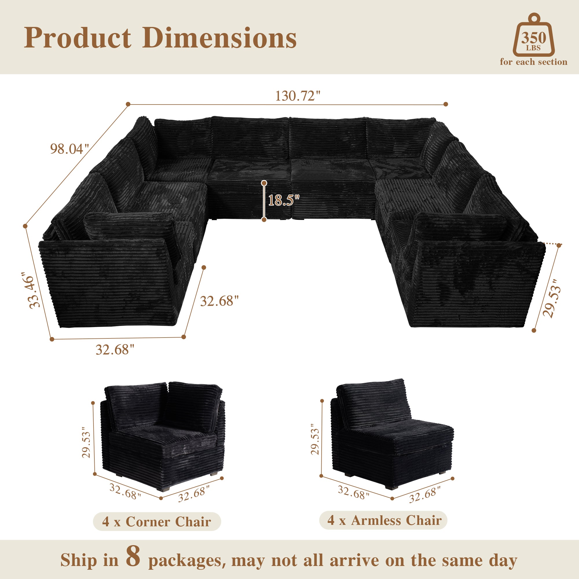 OVIOS Modular Sectional Sofa Couch with Oversized Chaise