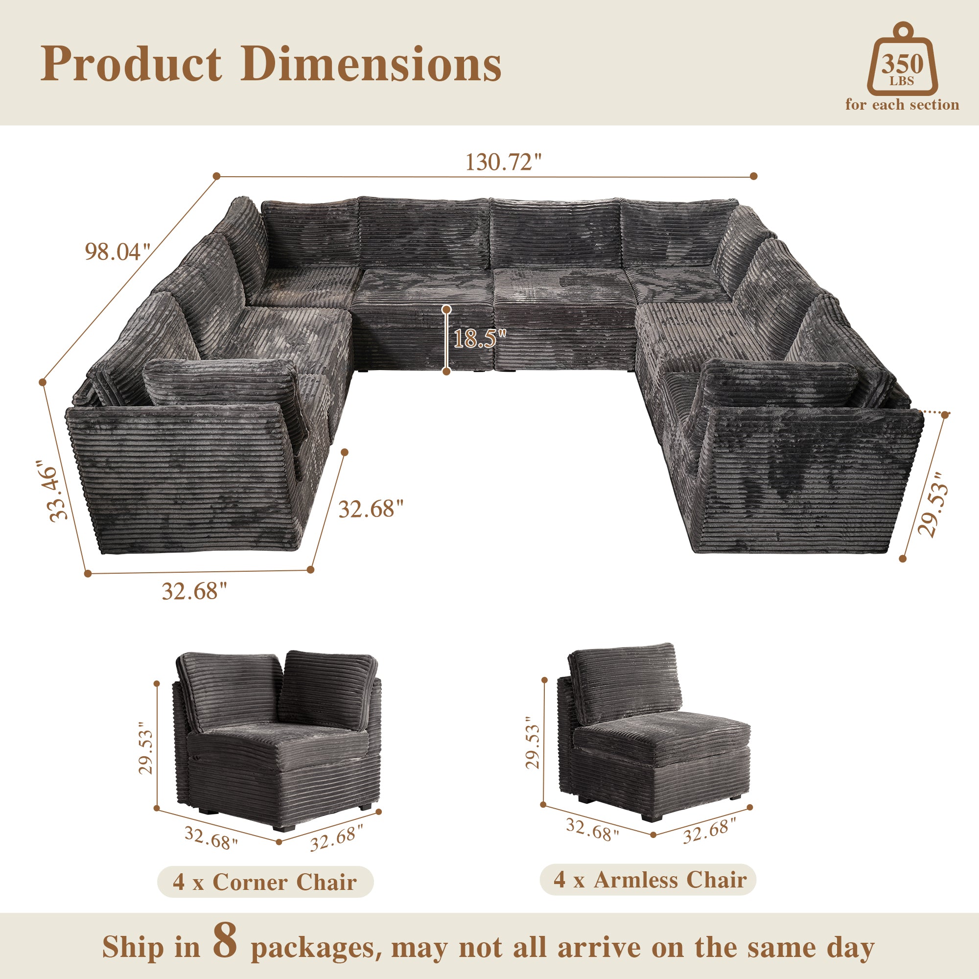 OVIOS Modular Sectional Sofa Couch with Oversized Chaise