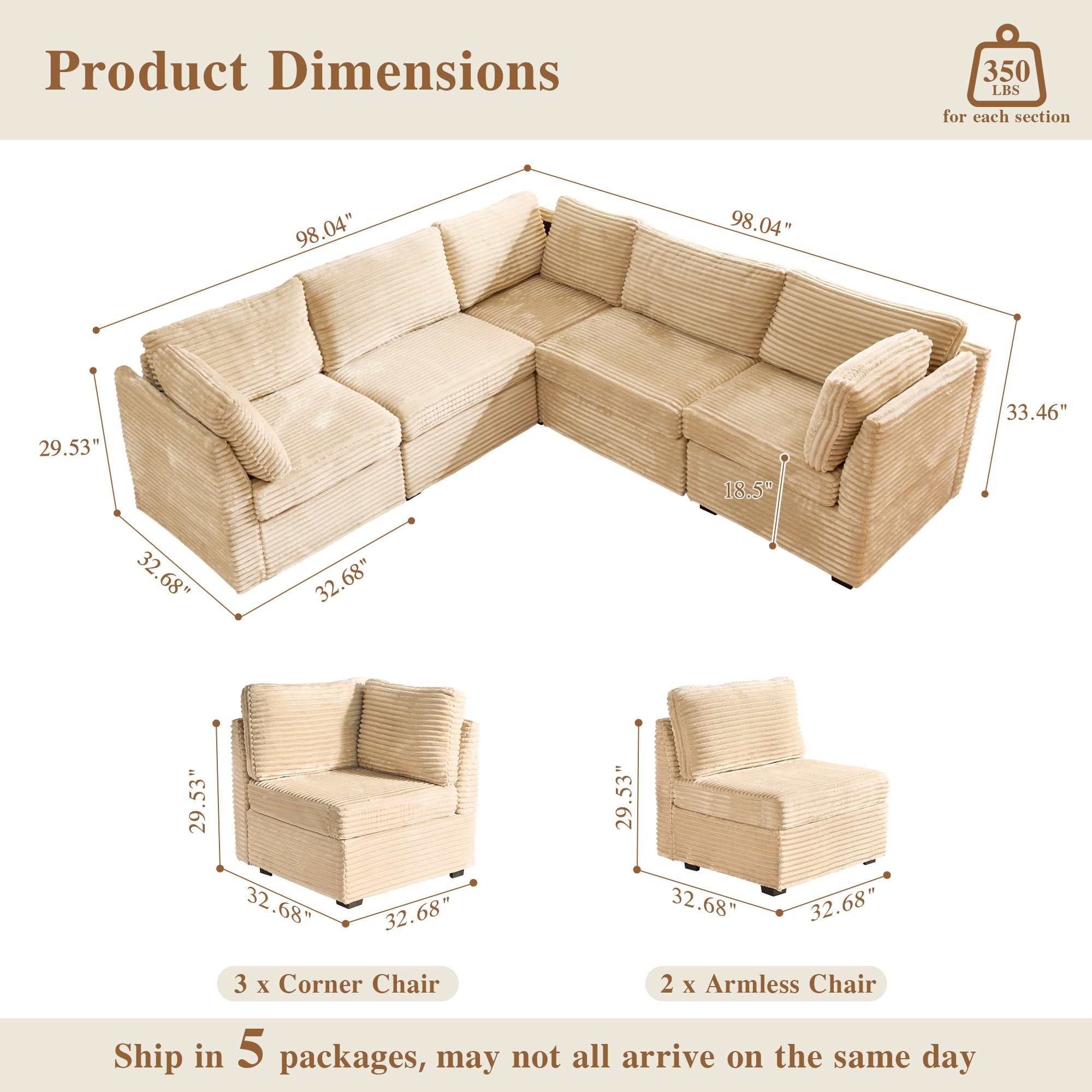 OVIOS Modular Sectional Sofa Couch with Oversized Chaise
