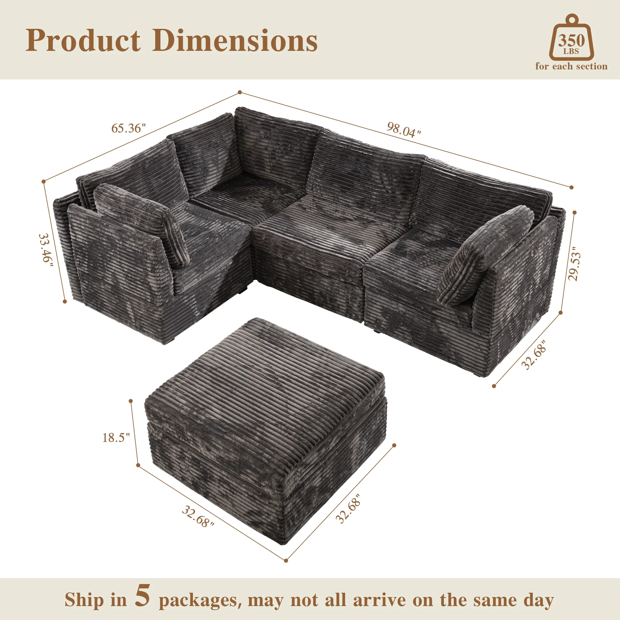 OVIOS Modular Sectional Sofa Couch with Oversized Chaise