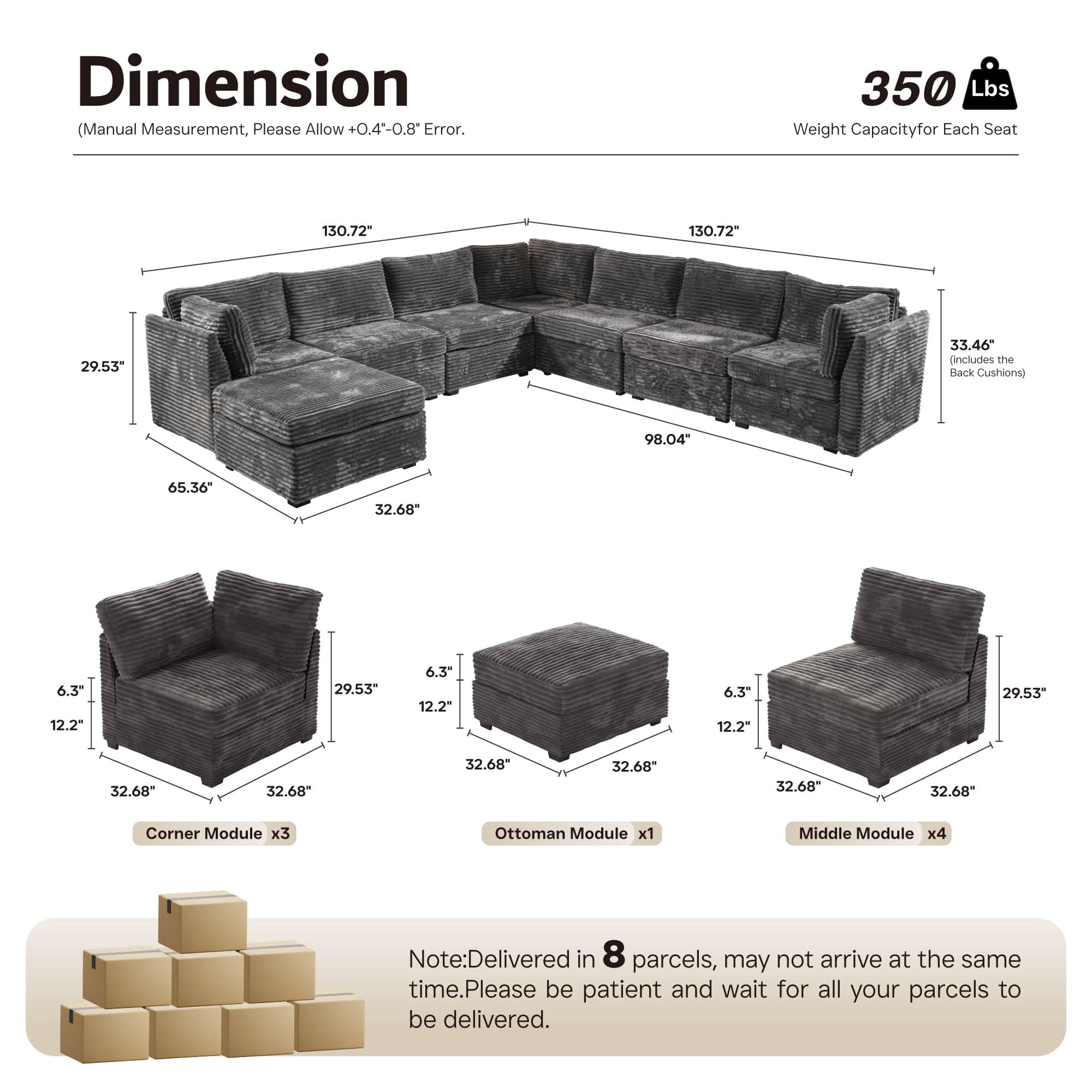 Ovios 163.4" Modular Sectional Sofa Couch, L-Shaped Minimalist Couches with Ottoman Chaise