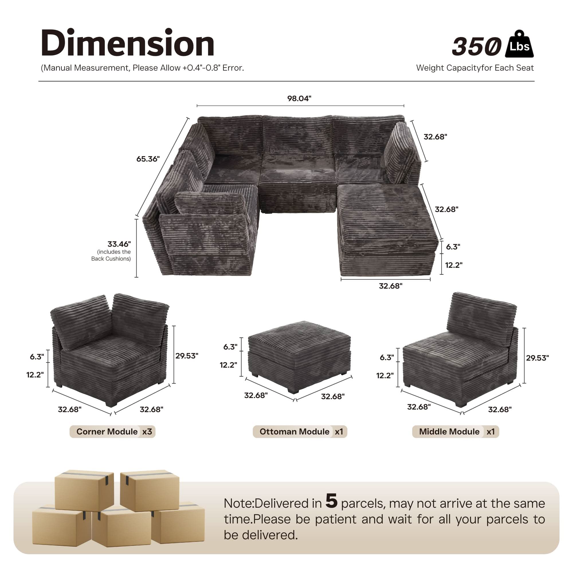 OVIOS 98" Modular Sectional Sofa Couch, L-Shaped Minimalist Couches with Sofa Bed Chaise
