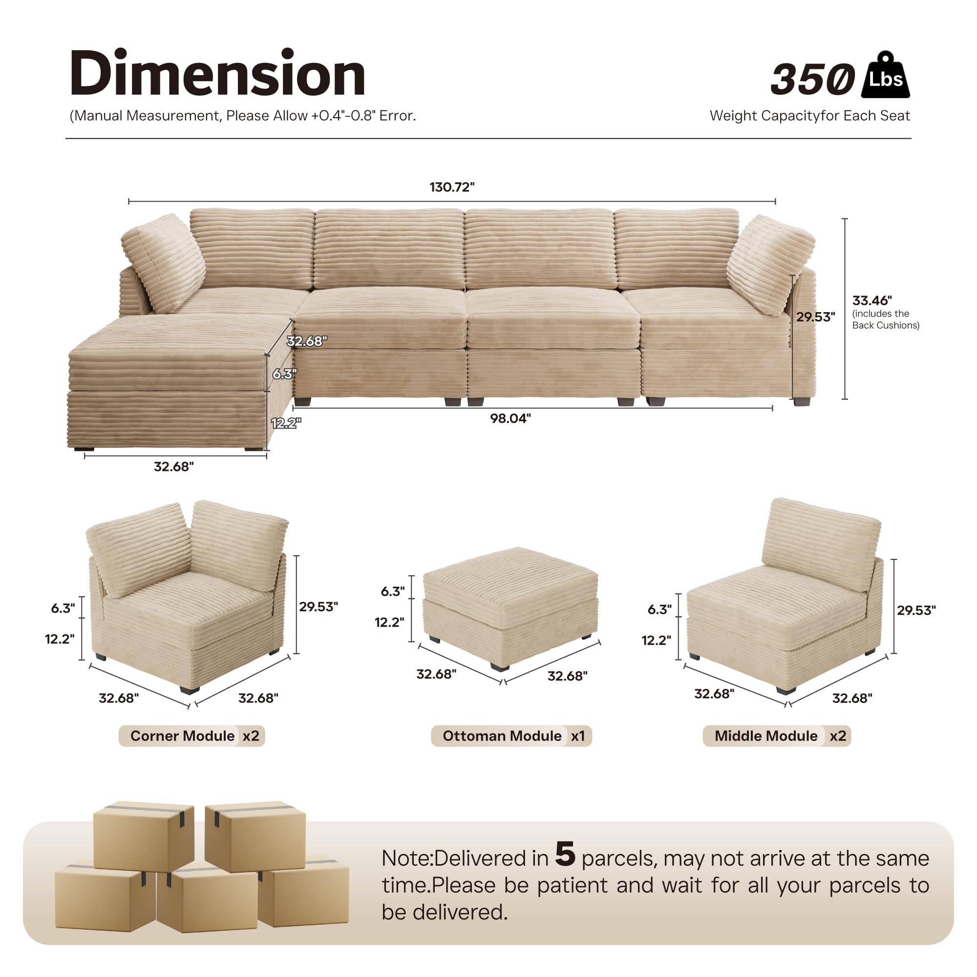 Ovios 130.7" Modular Sectional Sofa Couch, L-Shaped Minimalist Couches, Modern Deep Seat Cloud Plush Corduroy Sofas Set