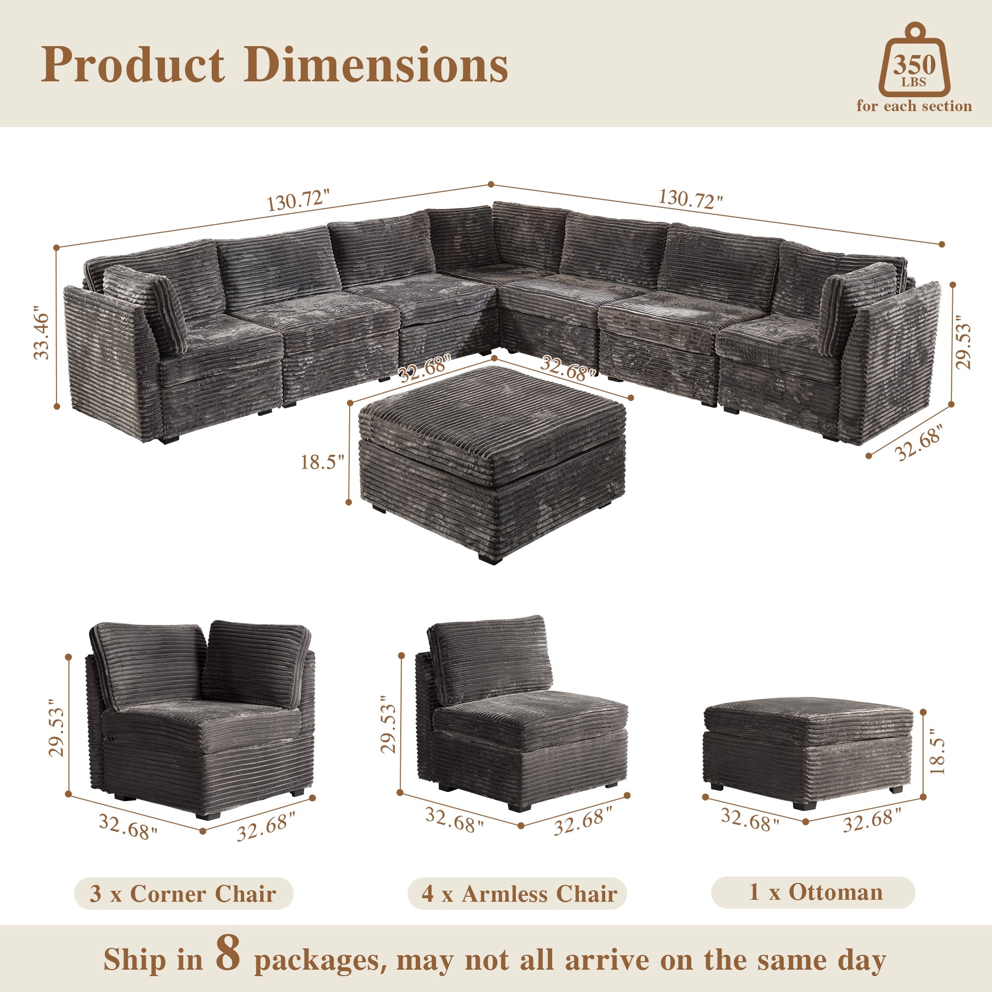 OVIOS Modular Sectional Sofa Couch with Oversized Chaise