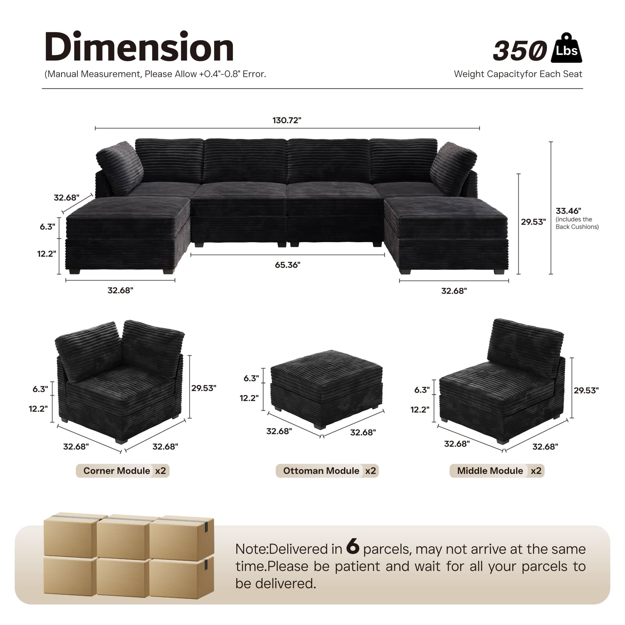 OVIOS 130.7" Modular Sectional Sofa Couch, U-Shaped Minimalist Couches with 2 Ottomans Chaise