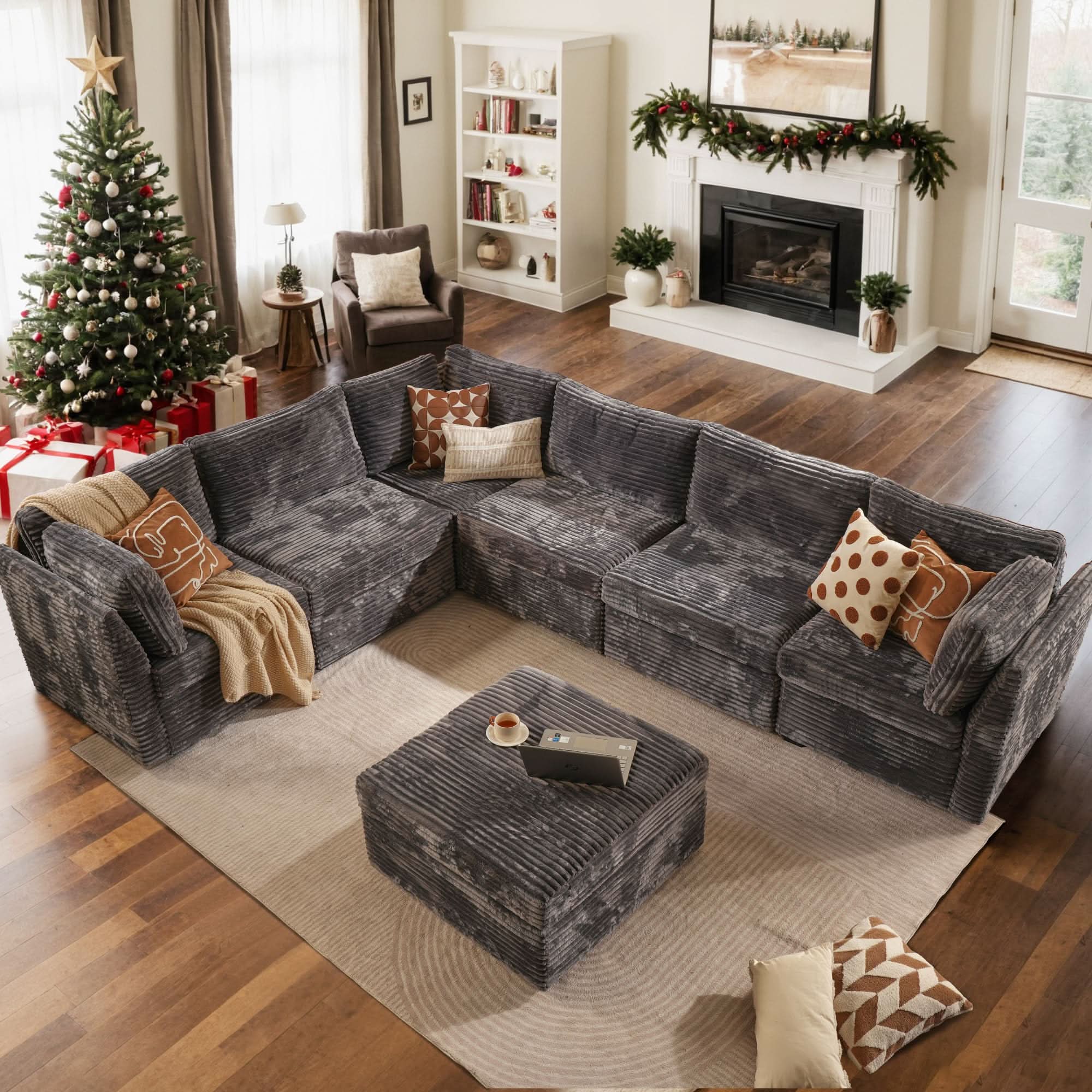 L-shaped Modular Deep Cloud Corduroy Sofa - Main Image