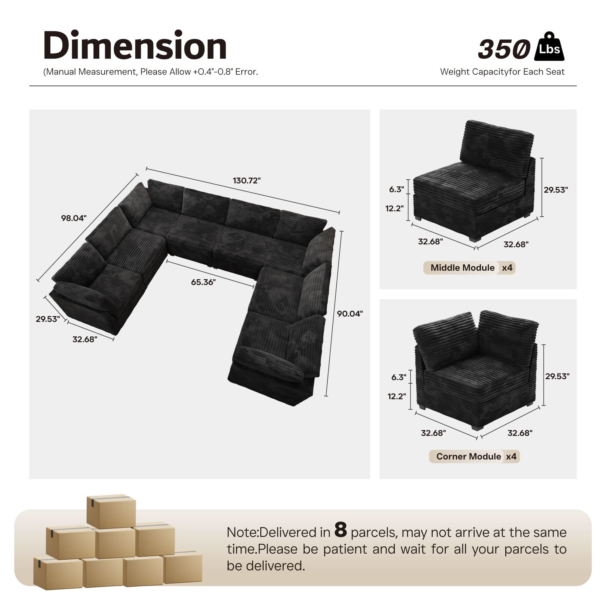 OVIOS 130.7" Modular Sectional Sofa Couch, U-Shaped Minimalist Couches with 2 Oversized Chaise