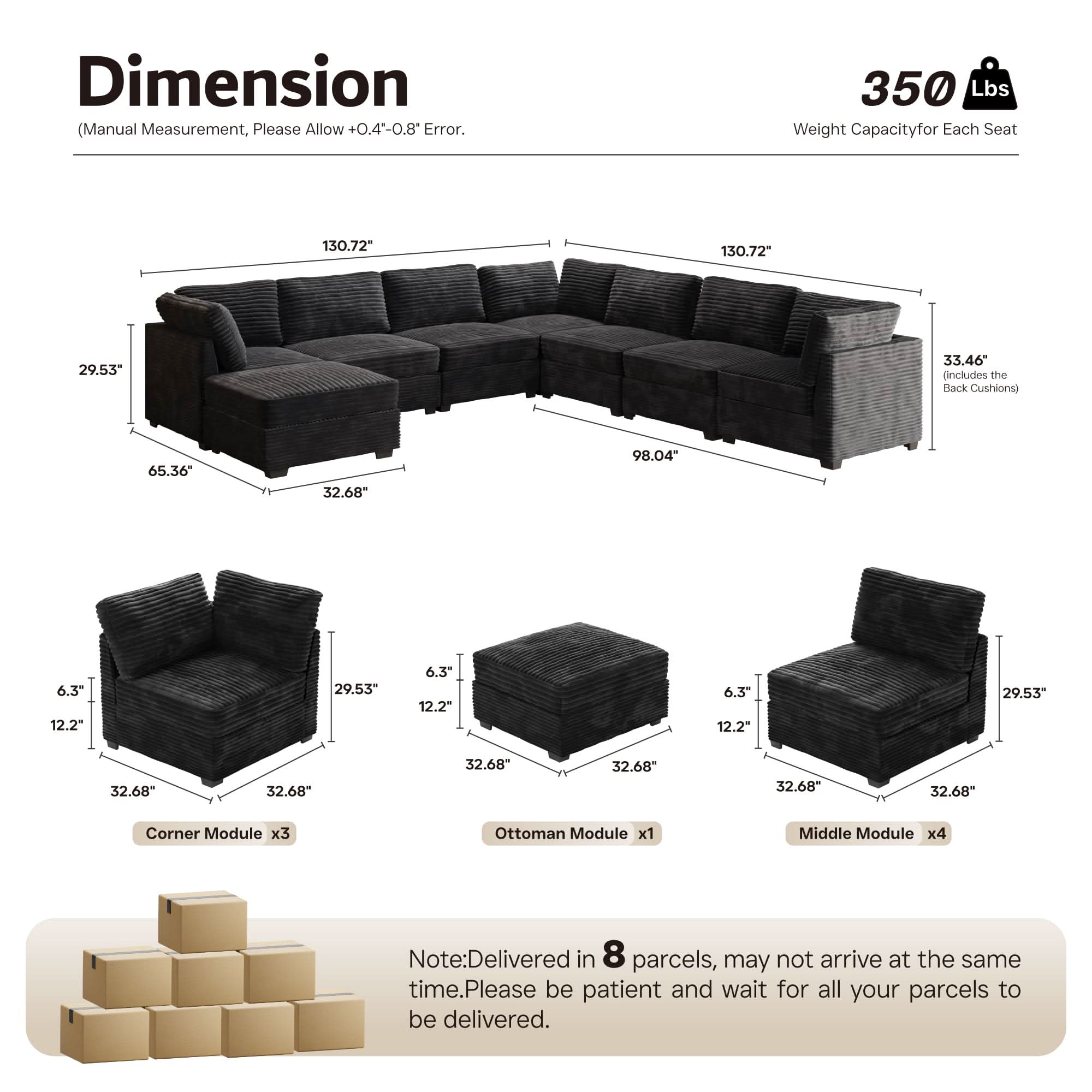 Ovios 163.4" Modular Sectional Sofa Couch, L-Shaped Minimalist Couches with Ottoman Chaise